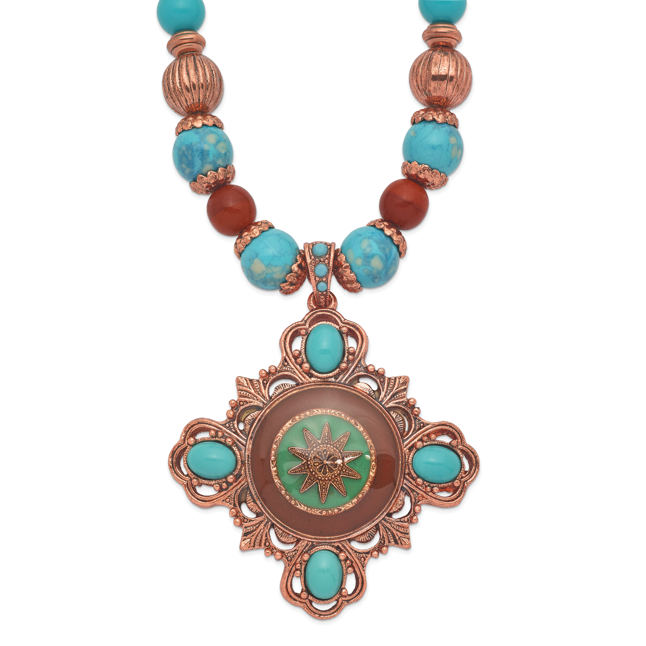 1928 Jewelry Copper-tone Frame and Beads Brown and Aqua Enamel Aqua and Brown Acrylic Beads 16 inch Necklace with 3 inch extension Main image