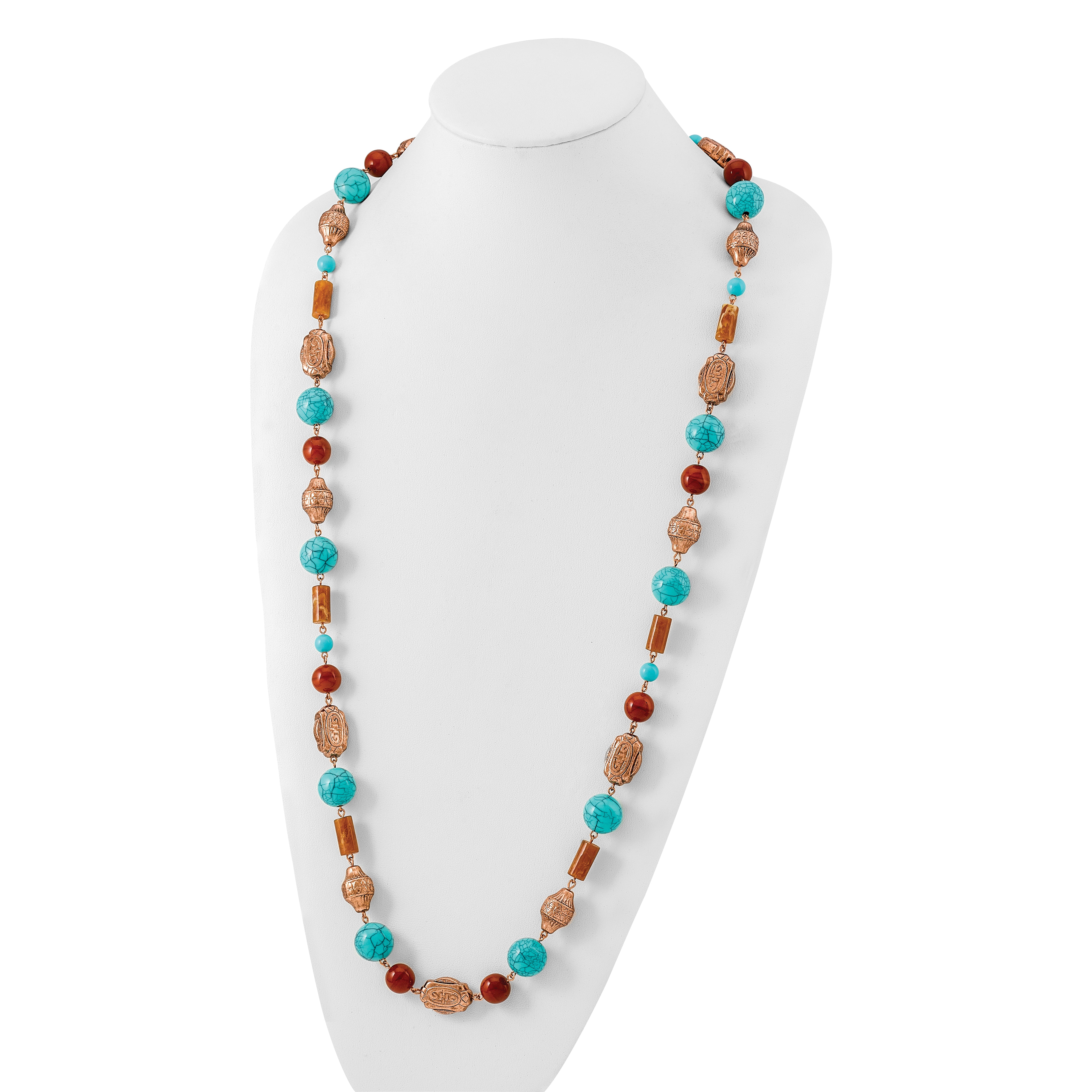 1928 Jewelry Copper-tone Pattern Aqua Blue and Brown Acrylic Beads Long 44 inch Necklace