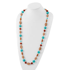 1928 Jewelry Copper-tone Pattern Aqua Blue and Brown Acrylic Beads Long 44 inch Necklace