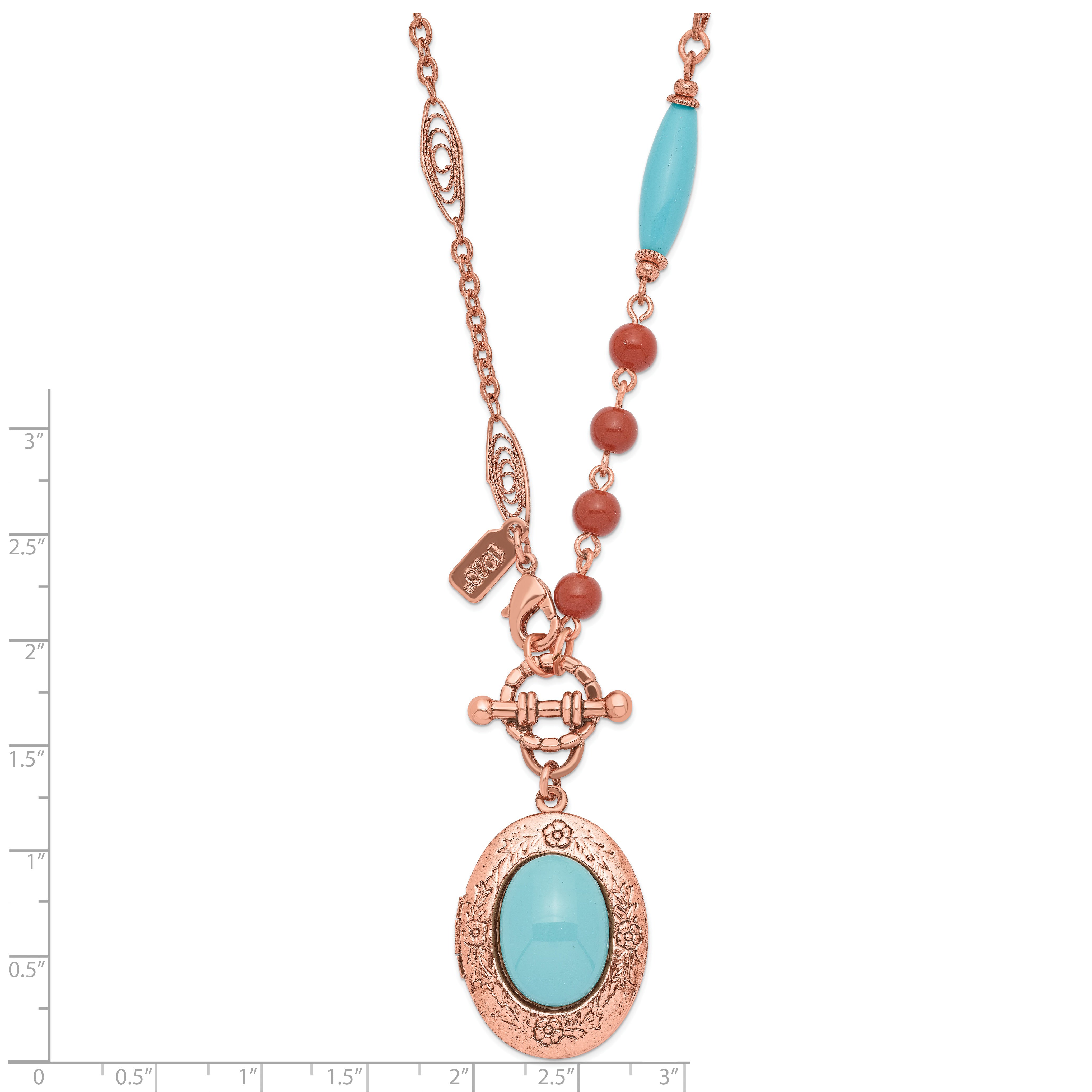 1928 Jewelry Copper-tone Aqua Blue and Brown Acrylic Beads Floral Frame with Aqua Center Locket Necklace Holds 2 Photos Secondary image