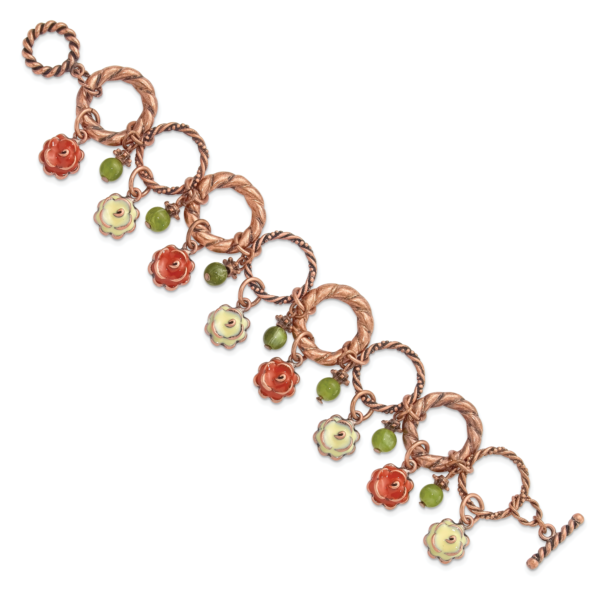 1928 Jewelry Copper-tone Textured Link Orange and Light Green Enamel Flower Green Acrylic Bead Dangles 7 inch Toggle Bracelet