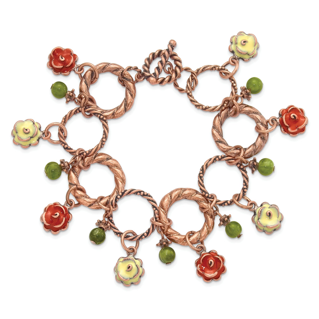 1928 Jewelry Copper-tone Textured Link Orange and Light Green Enamel Flower Green Acrylic Bead Dangles 7 inch Toggle Bracelet