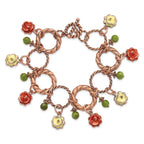 1928 Jewelry Copper-tone Textured Link Orange and Light Green Enamel Flower Green Acrylic Bead Dangles 7 inch Toggle Bracelet