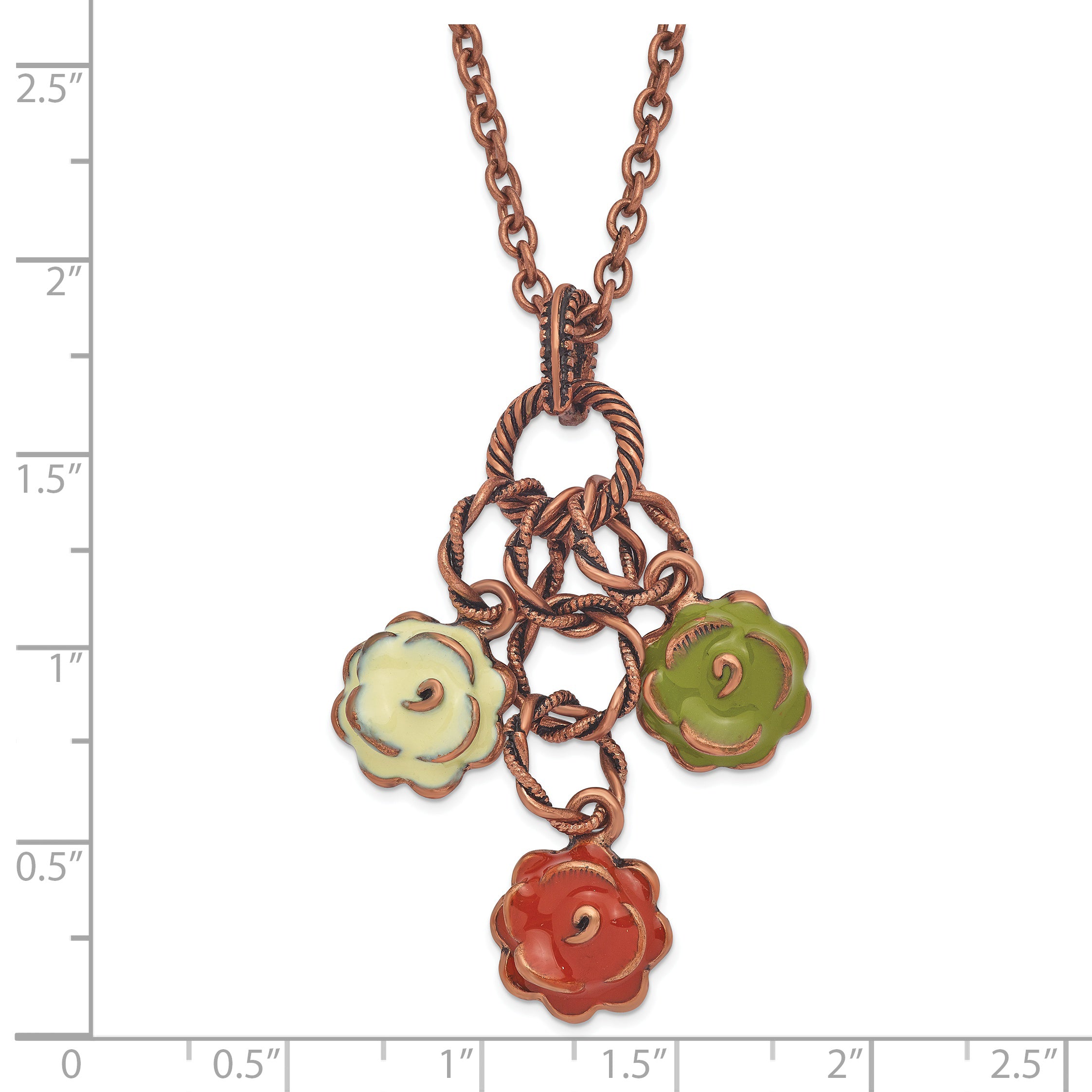 1928 Jewelry Copper-tone Textured Links Green Orange and Light Green Enameled Flower Dangle Adjustable 16 inch Necklace with 3 inch extension Secondary image