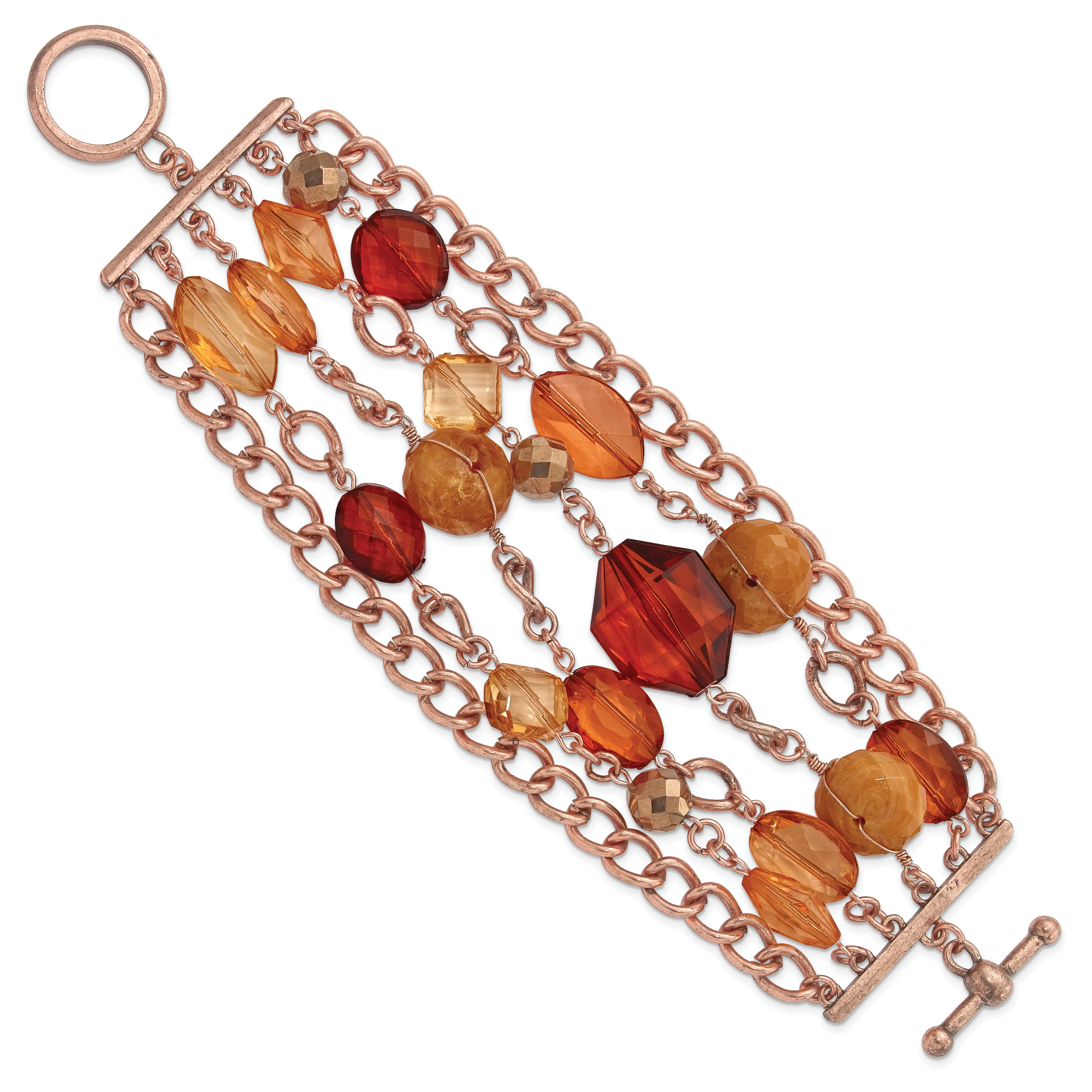 1928 Jewelry Copper-tone Link and Multicolored Brownand Orange Faceted Acrylic Beads Wide Six Row 8 inch Toggle Bracelet Secondary image