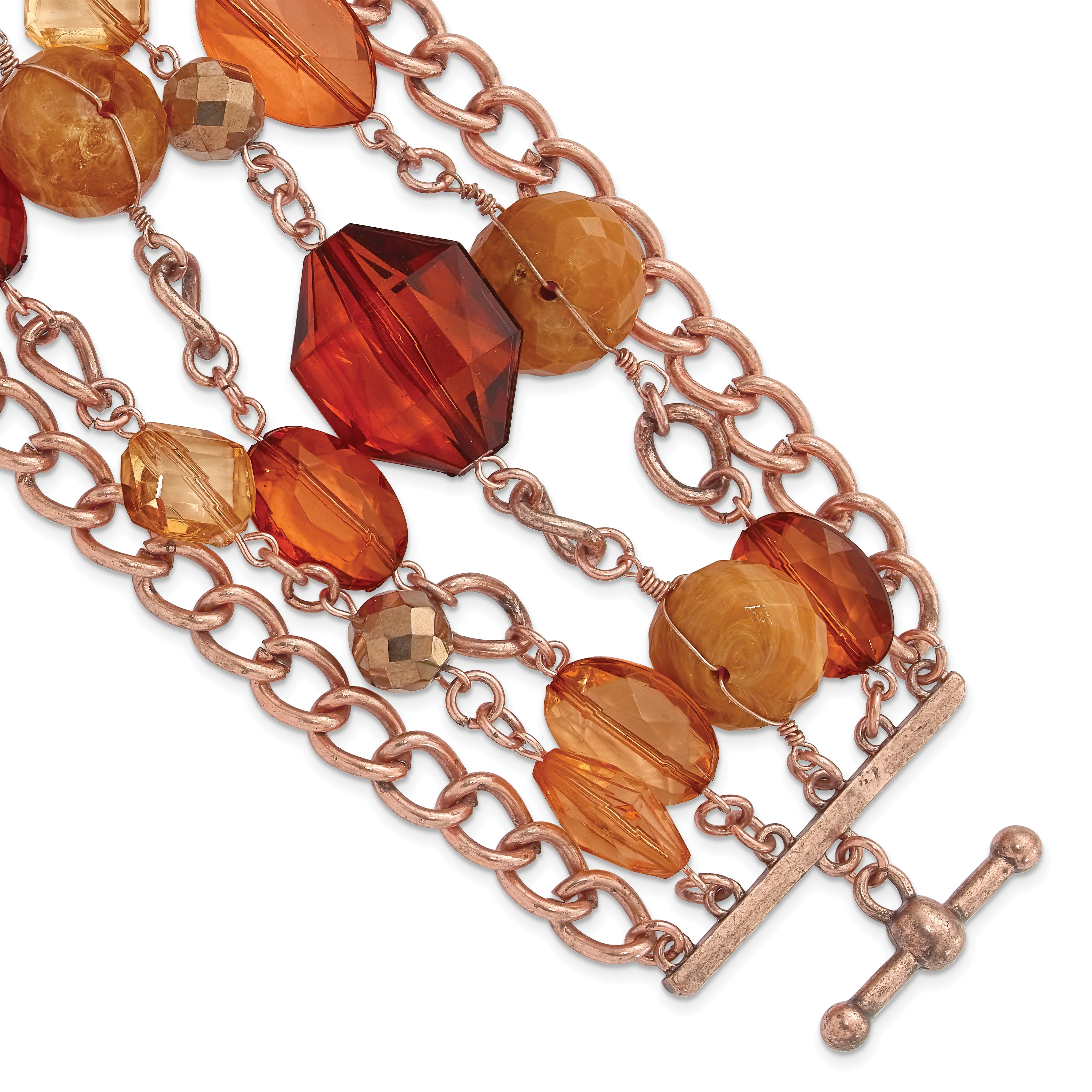 1928 Jewelry Copper-tone Link and Multicolored Brownand Orange Faceted Acrylic Beads Wide Six Row 8 inch Toggle Bracelet Main image