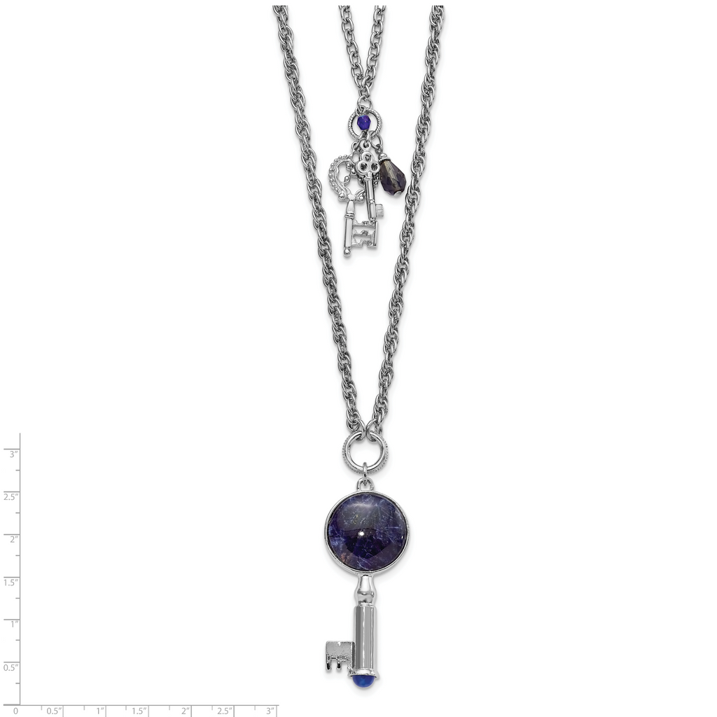 1928 Jewelry Silver-tone Two Strand Three Key Pendants Crystal and Sodalite Accents Necklace