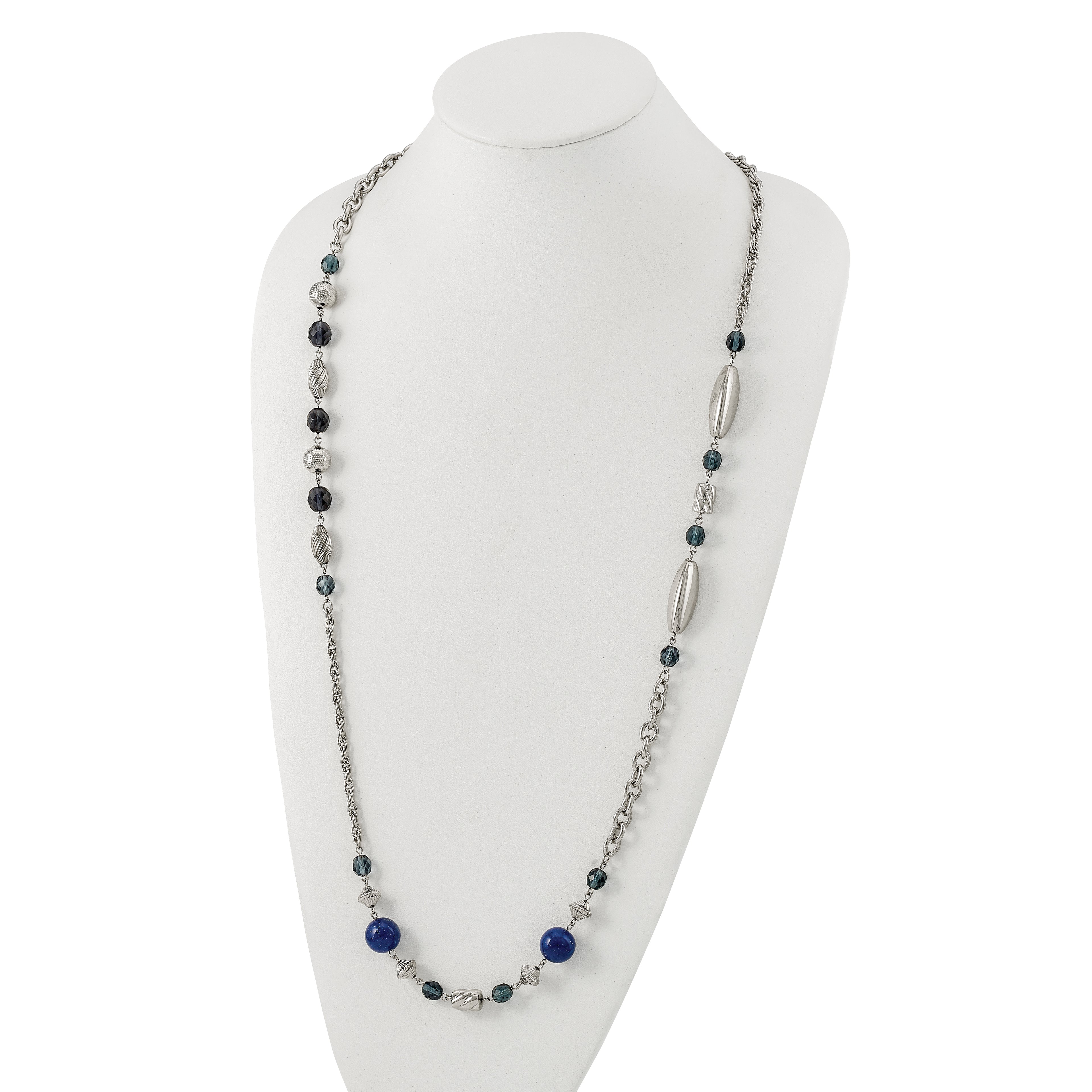 1928 Jewelry Silver-tone Link Textured Beads Blue Beads and Blue Faceted Crystals 44 inch Necklace