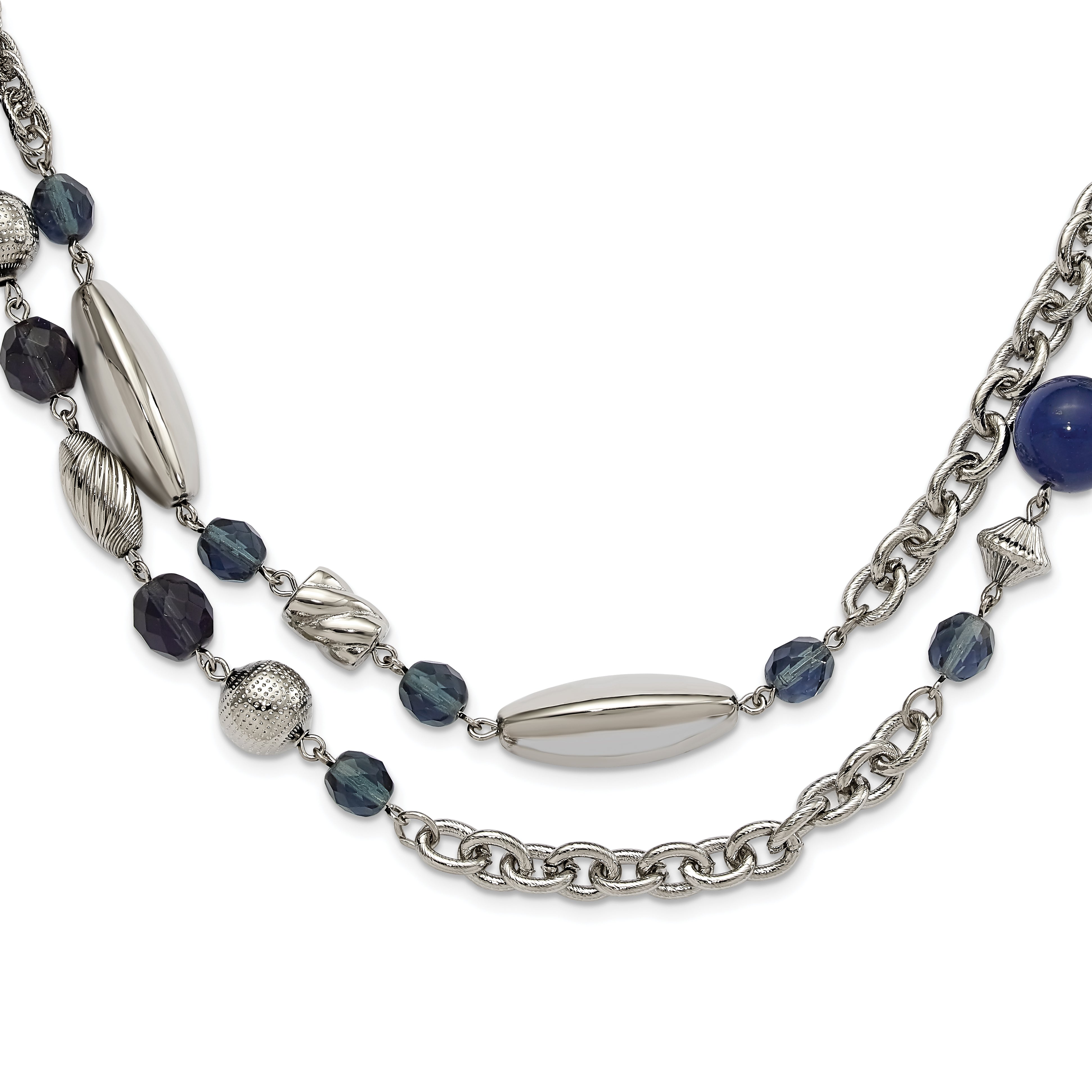 1928 Jewelry Silver-tone Link Textured Beads Blue Beads and Blue Faceted Crystals 44 inch Necklace
