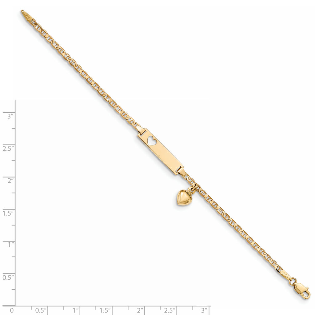 14k Polished Solid Chain/Solid Plate Cut-out Heart with Heart Dangle Anchor Link 22x5mm Plate 6 inch Baby/Child ID Bracelet