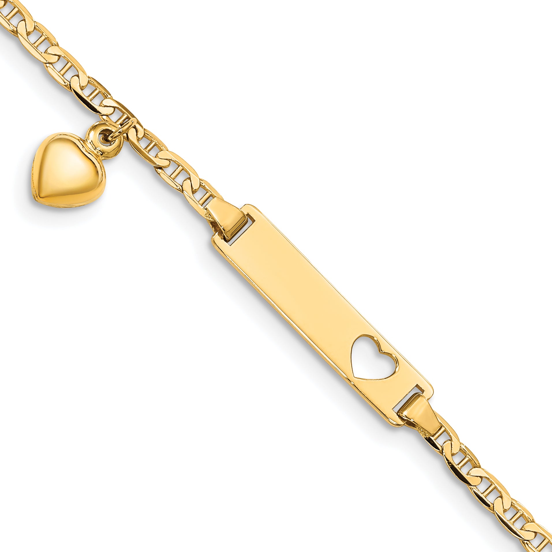14k Polished Solid Chain/Solid Plate Cut-out Heart with Heart Dangle Anchor Link 22x5mm Plate 6 inch Baby/Child ID Bracelet Main image