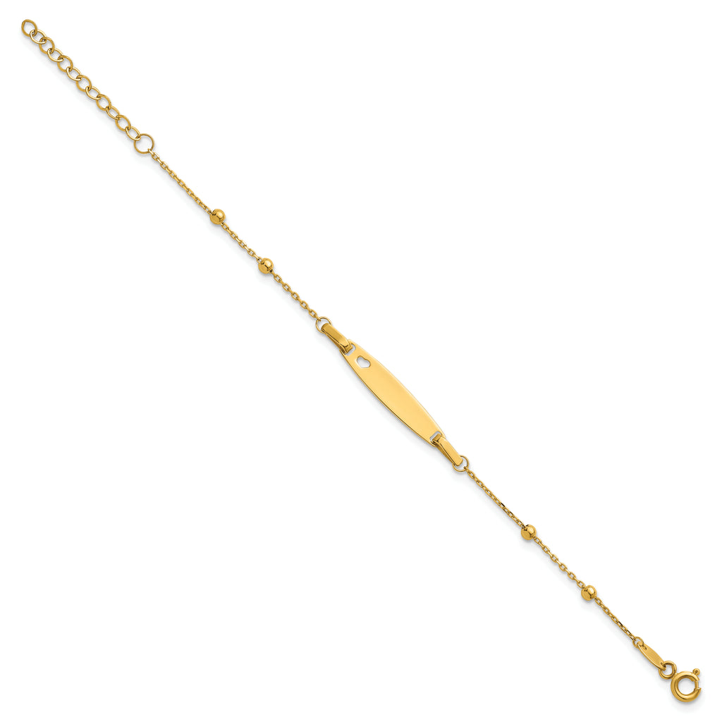 14K Polished Beaded Cut-out Heart 24x4.7mm Plate 5 inch Baby/Child ID Bracelet with 1 inch Extender