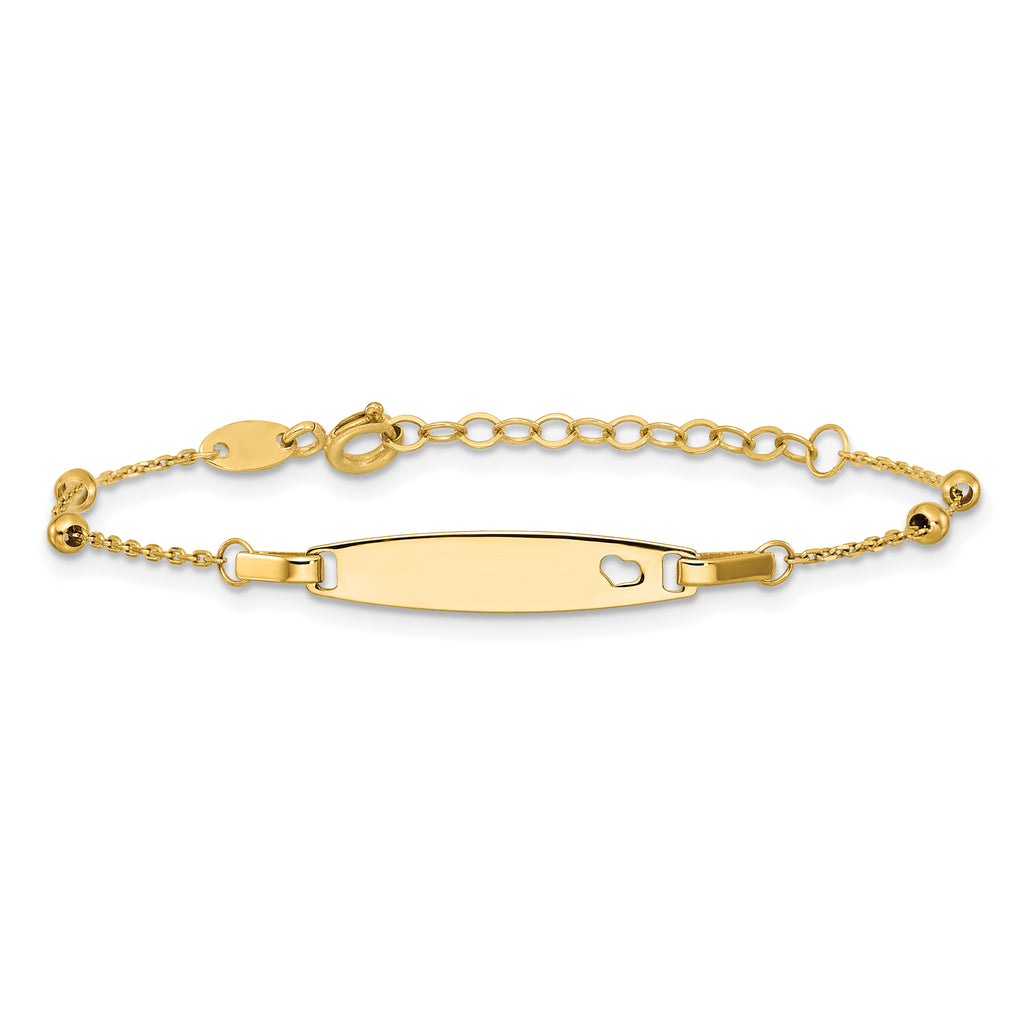 14K Polished Beaded Cut-out Heart 24x4.7mm Plate 5 inch Baby/Child ID Bracelet with 1 inch Extender