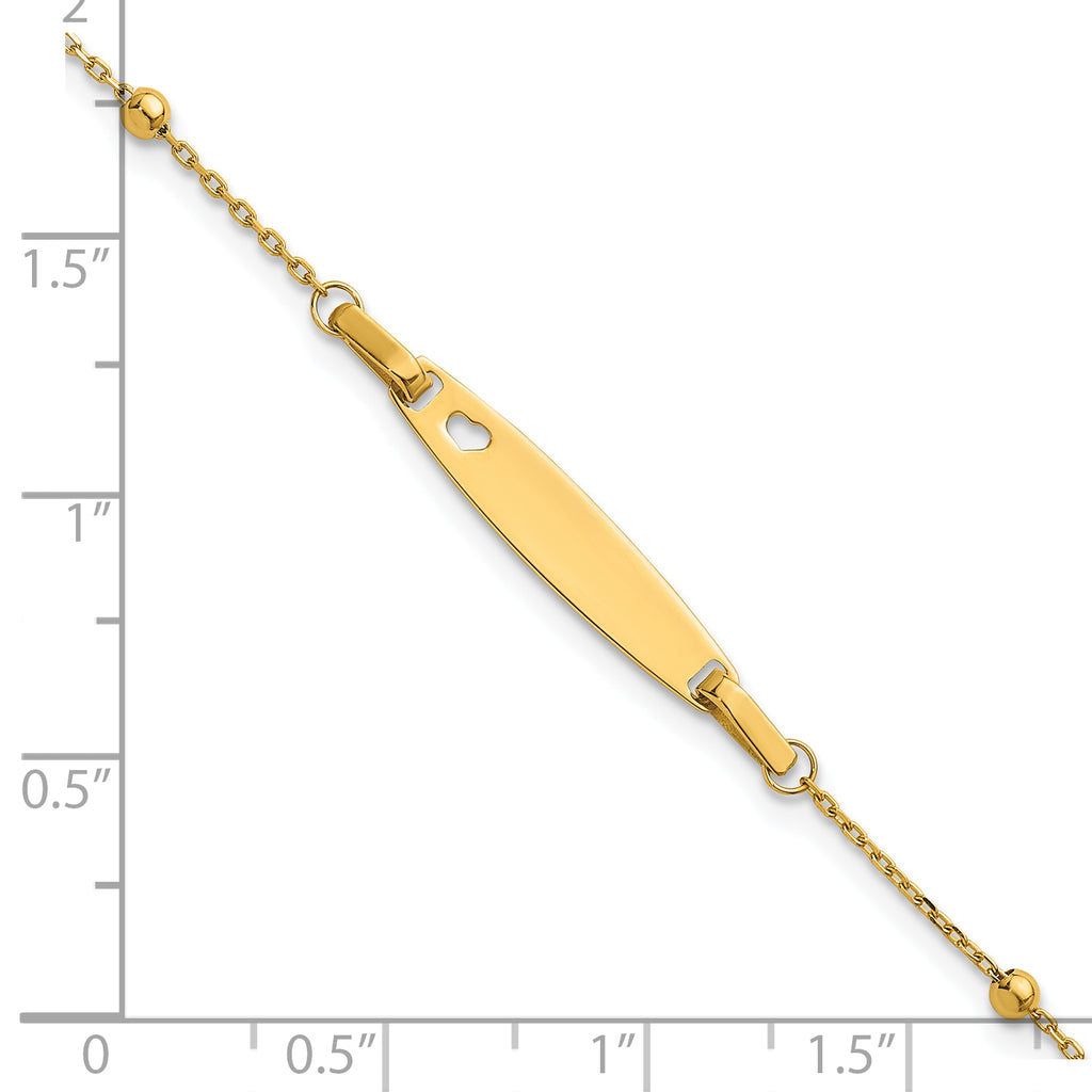 14K Polished Beaded Cut-out Heart 24x4.7mm Plate 5 inch Baby/Child ID Bracelet with 1 inch Extender