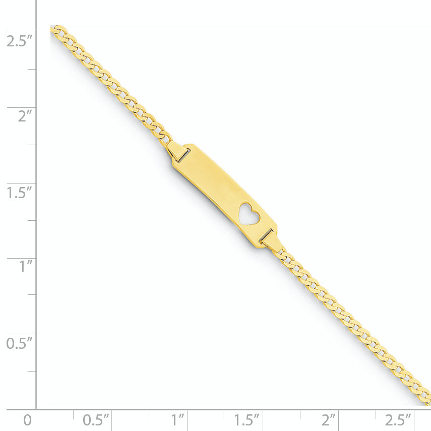 14k Polished Solid Chain/Solid Plate Curb Link Cut-out Heart 21x5mm Plate 6 inch Baby/Child ID Bracelet