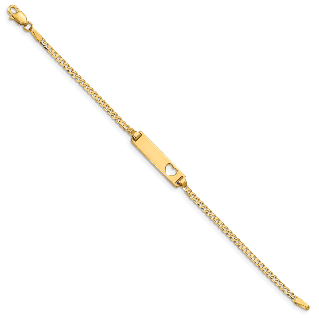 14k Polished Solid Chain/Solid Plate Curb Link Cut-out Heart 21x5mm Plate 6 inch Baby/Child ID Bracelet