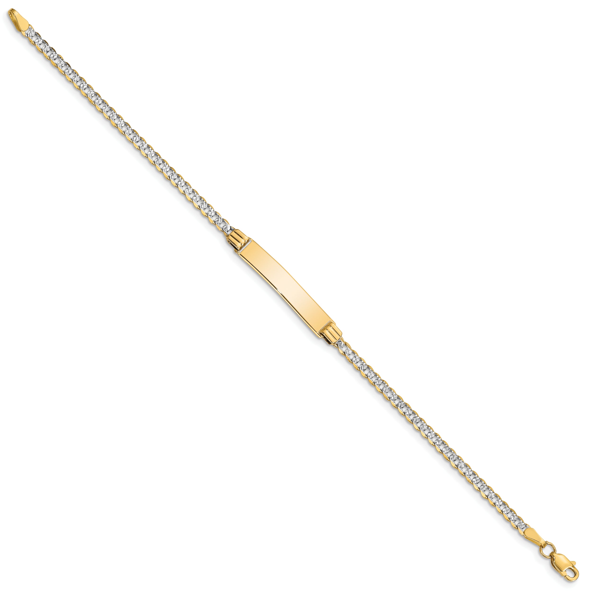 14k with Rhodium Polished Solid Chain/Solid Plate Pav‚ Curb Link 26x5mm Plate 6 inch Baby/Child ID Bracelet