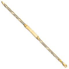 14k with Rhodium Polished Solid Chain/Solid Plate Pav‚ Figaro Link 26x5mm Plate 6 inch Baby/Child ID Bracelet