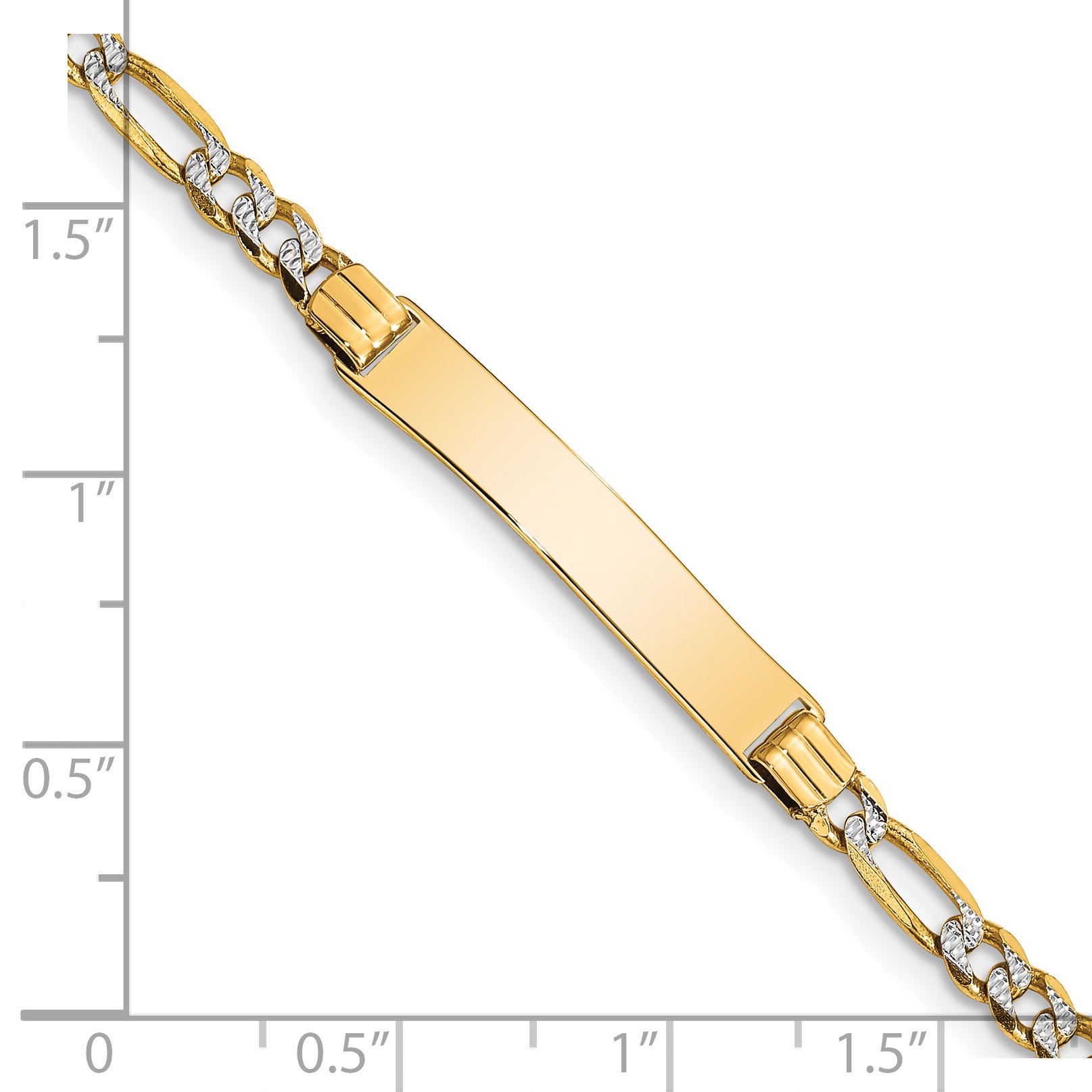 14k with Rhodium Polished Solid Chain/Solid Plate Pav‚ Figaro Link 26x5mm Plate 6 inch Baby/Child ID Bracelet