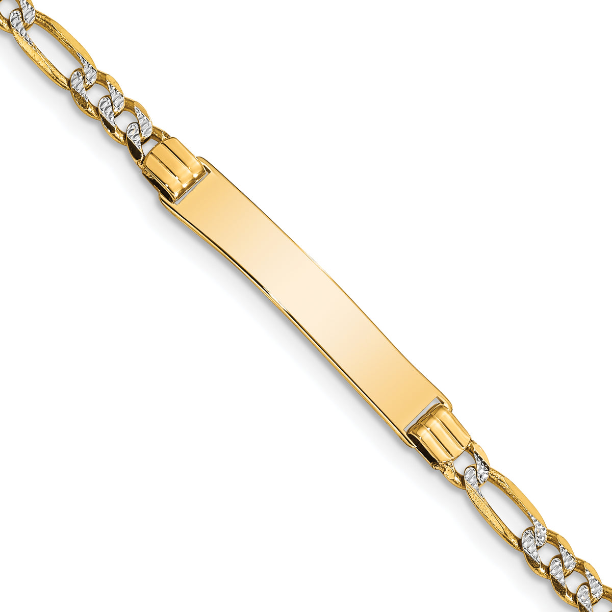14k with Rhodium Polished Solid Chain/Solid Plate Pav‚ Figaro Link 26x5mm Plate 6 inch Baby/Child ID Bracelet