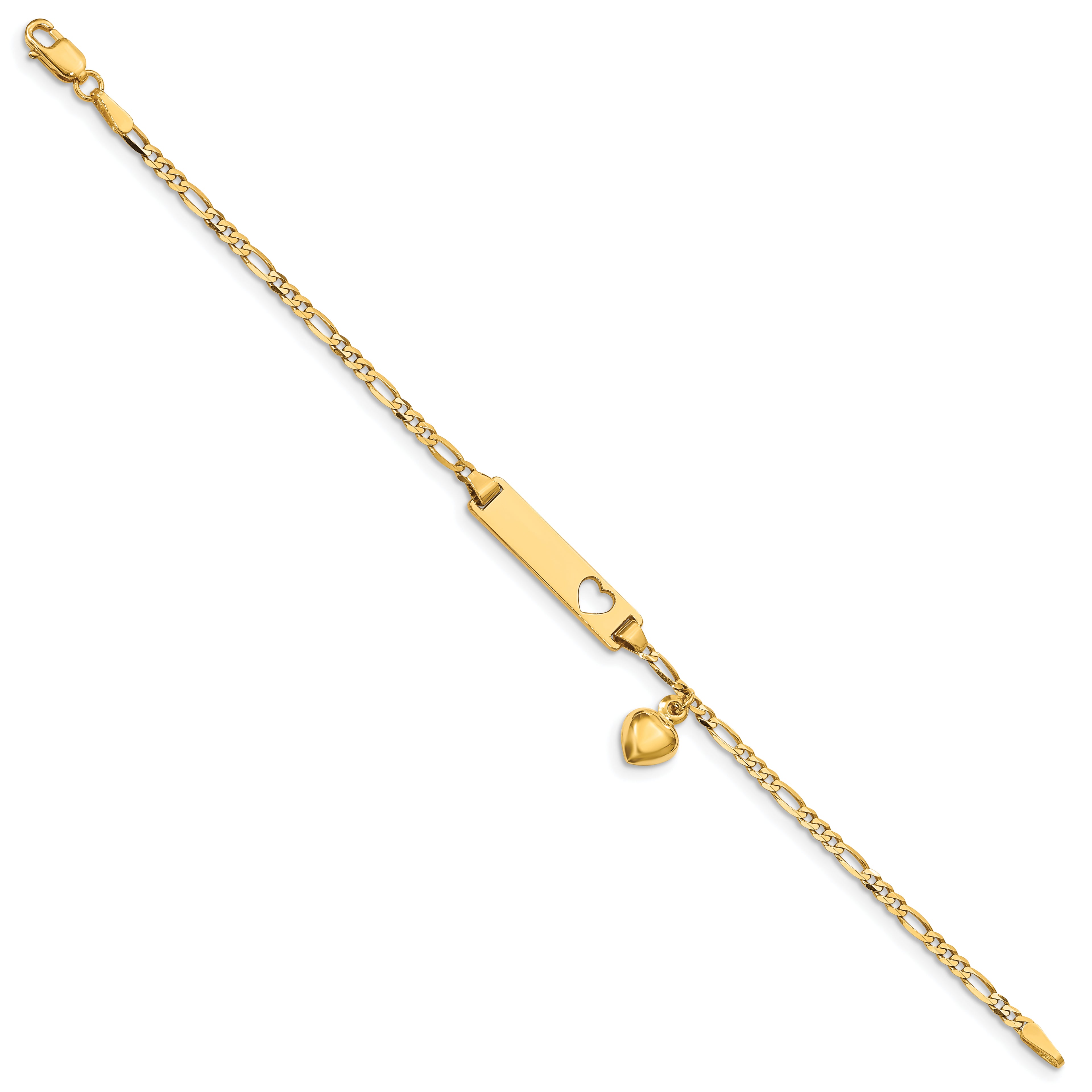 14k Polished Solid Chain/Solid Plate Cut-out Heart with Heart Dangle Figaro Link 21x5mm Plate 6 inch Baby/Child ID Bracelet