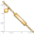 14k Polished Solid Chain/Solid Plate Heart Dangle Figaro Link 21x6mm Plate 6 inch Baby/Child ID Bracelet