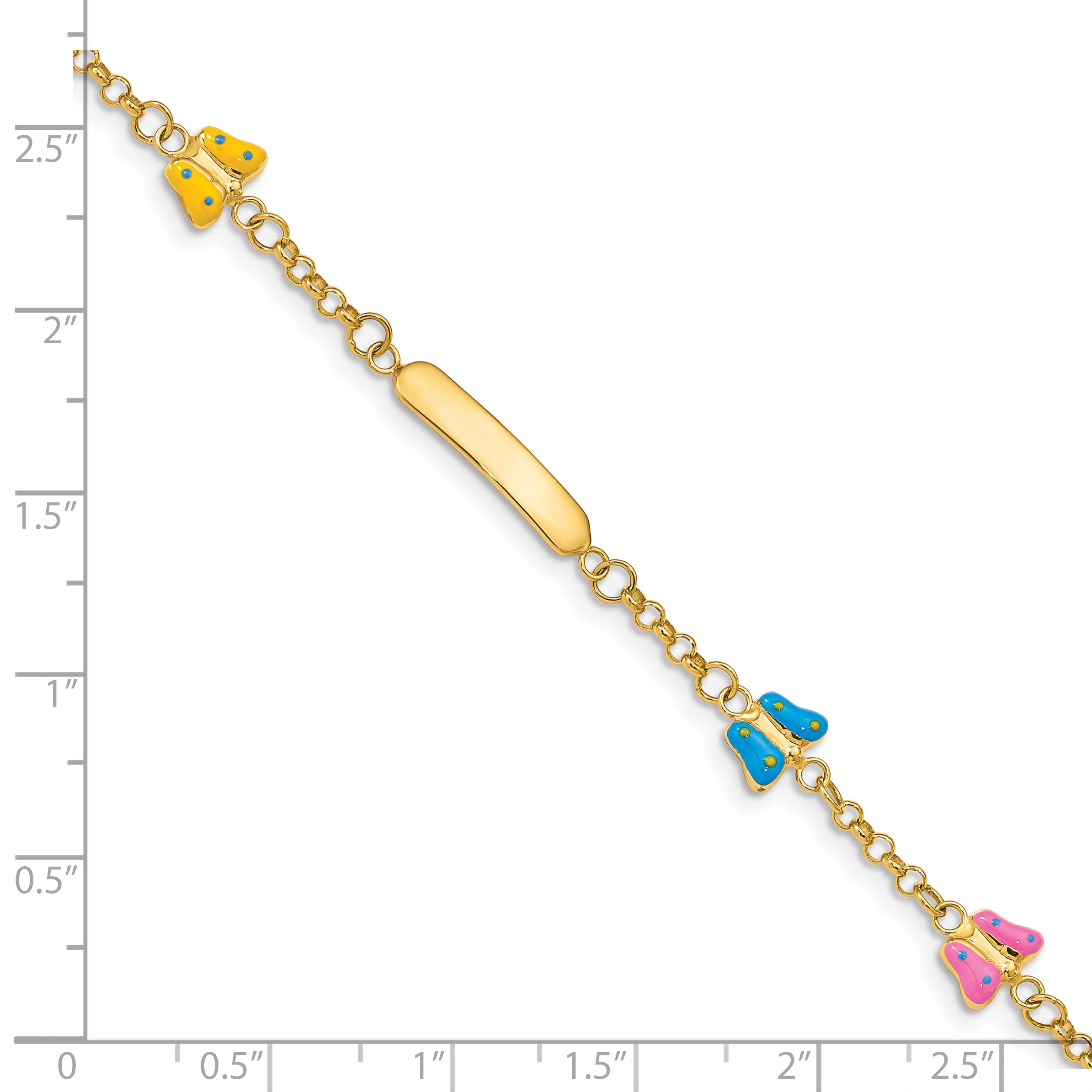 14k Polished Pink/Blue/Yellow Enamel Butterflies and 18x3mm Plate 6 inch Baby/Child ID Bracelet with 0.5 inch Extender