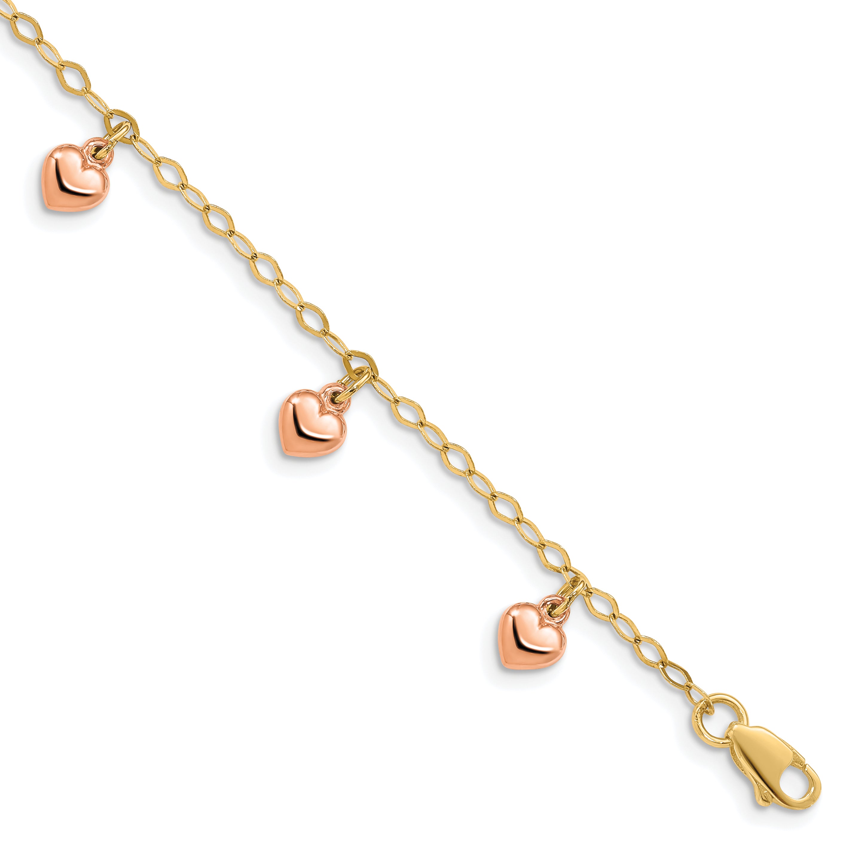 14K Yellow Gold with Rose Gold Hearts Child's Puffed Heart Charm Bracelet Main image