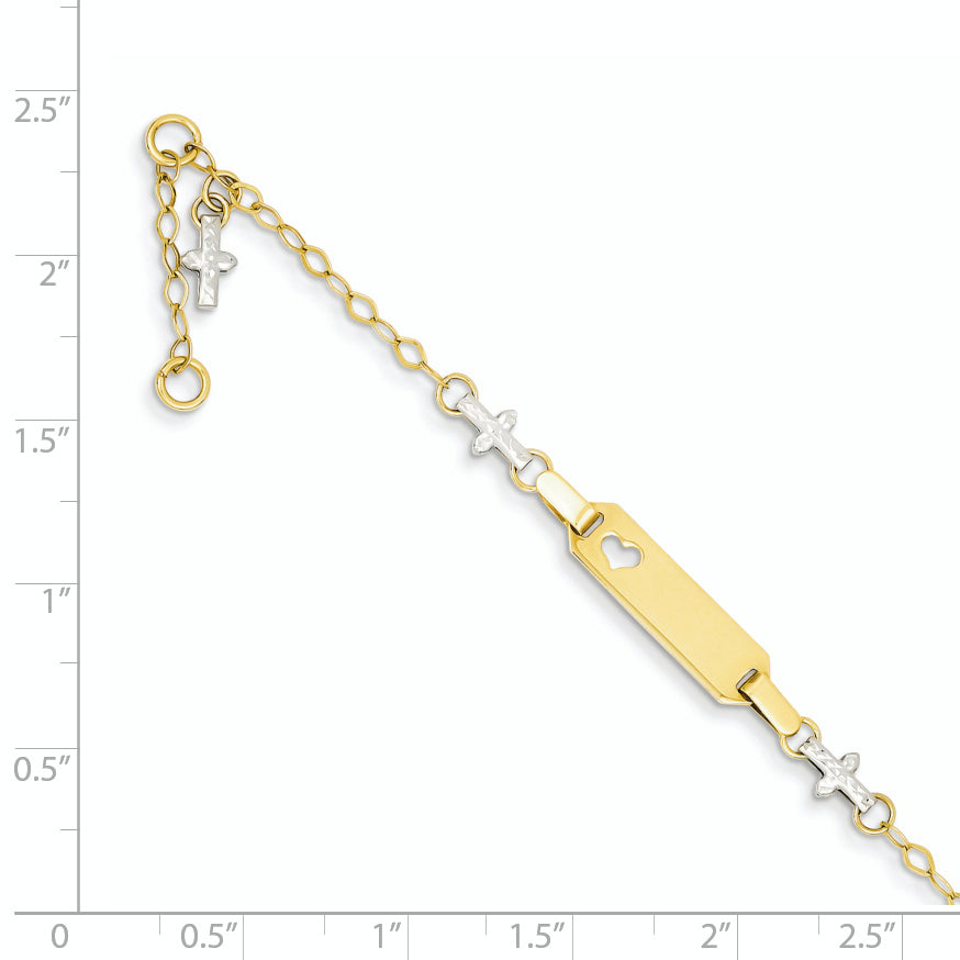 14k Two-tone Polished Textured Cross and Cut-out Heart 18x5mm Plate 4.5 inch Baby/Child ID Bracelet with 1 inch Extender