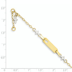14k Two-tone Polished Textured Cross and Cut-out Heart 18x5mm Plate 4.5 inch Baby/Child ID Bracelet with 1 inch Extender