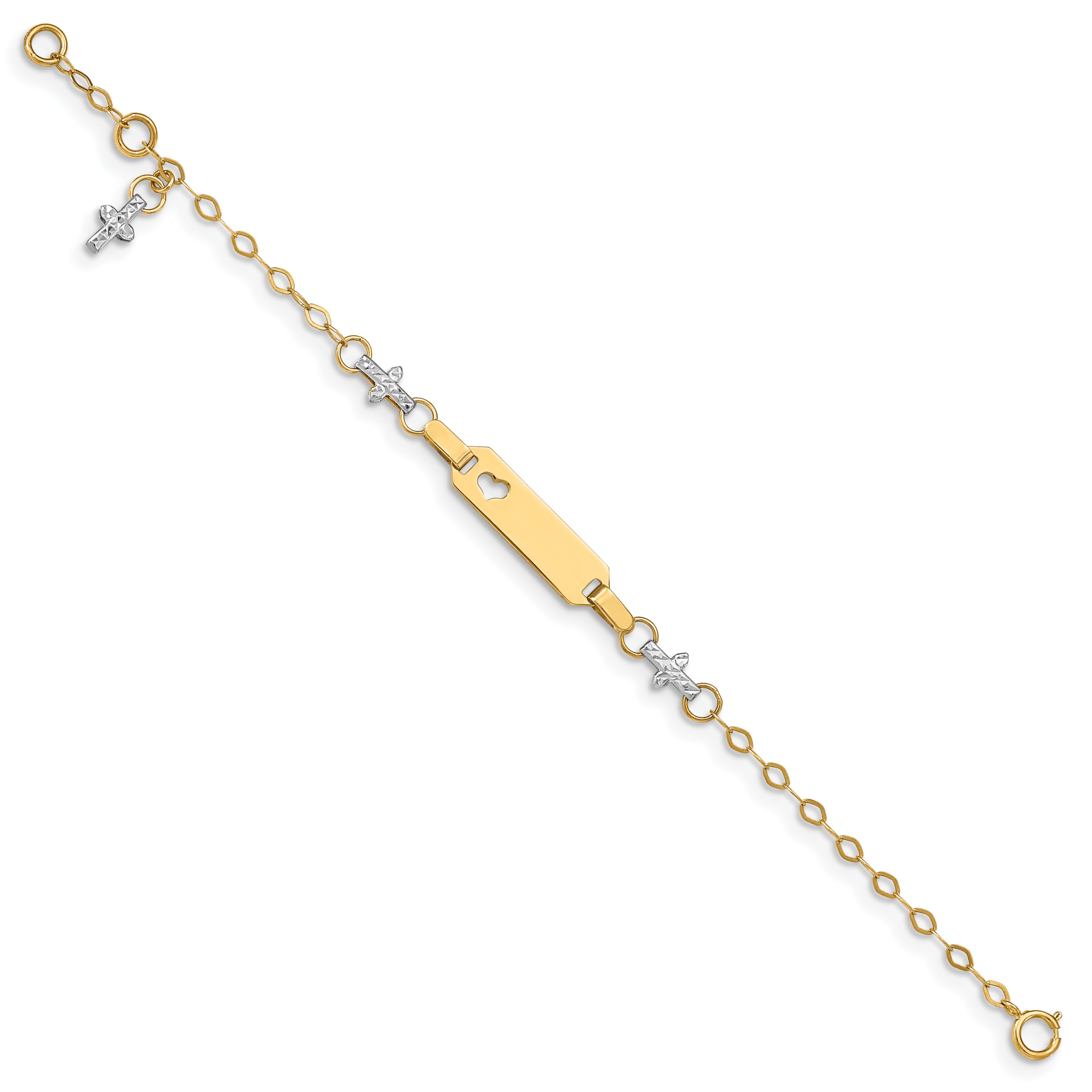 14k Two-tone Polished Textured Cross and Cut-out Heart 18x5mm Plate 4.5 inch Baby/Child ID Bracelet with 1 inch Extender Secondary image