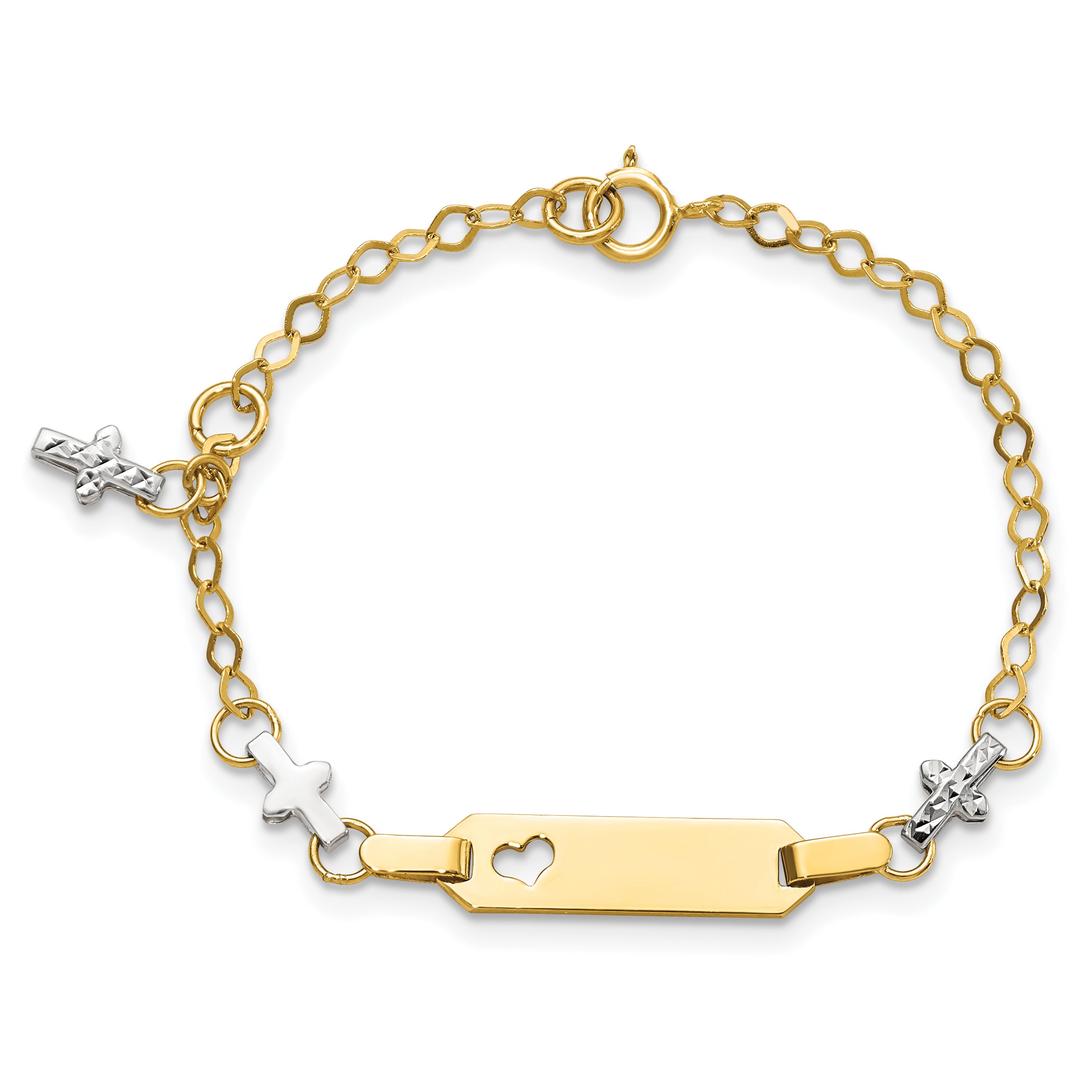 14k Two-tone Polished Textured Cross and Cut-out Heart 18x5mm Plate 4.5 inch Baby/Child ID Bracelet with 1 inch Extender