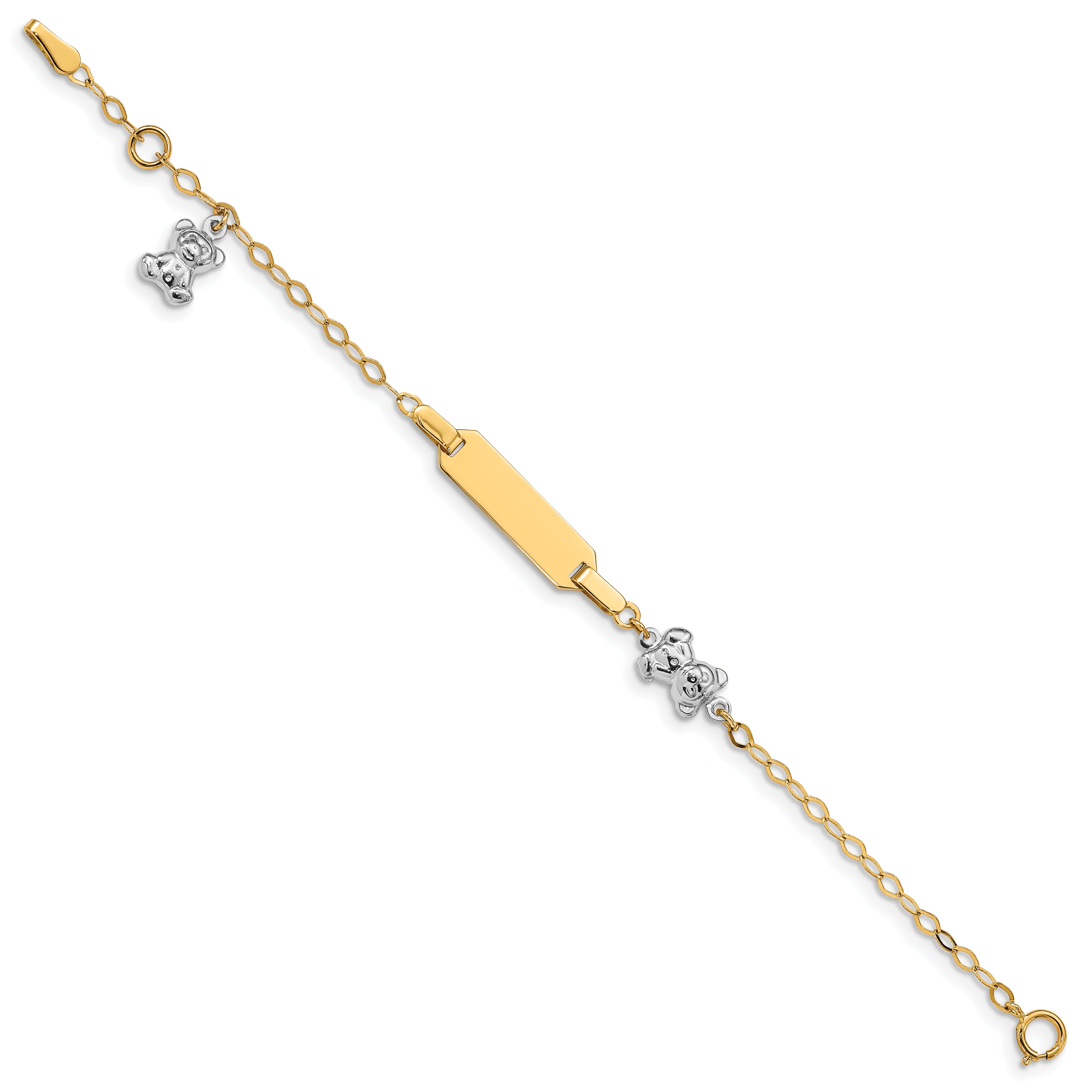 14k Two-tone Polished Teddy Bears and 18x5mm Plate 5.5 inch Baby/Child ID Bracelet with 0.5 inch Extender
