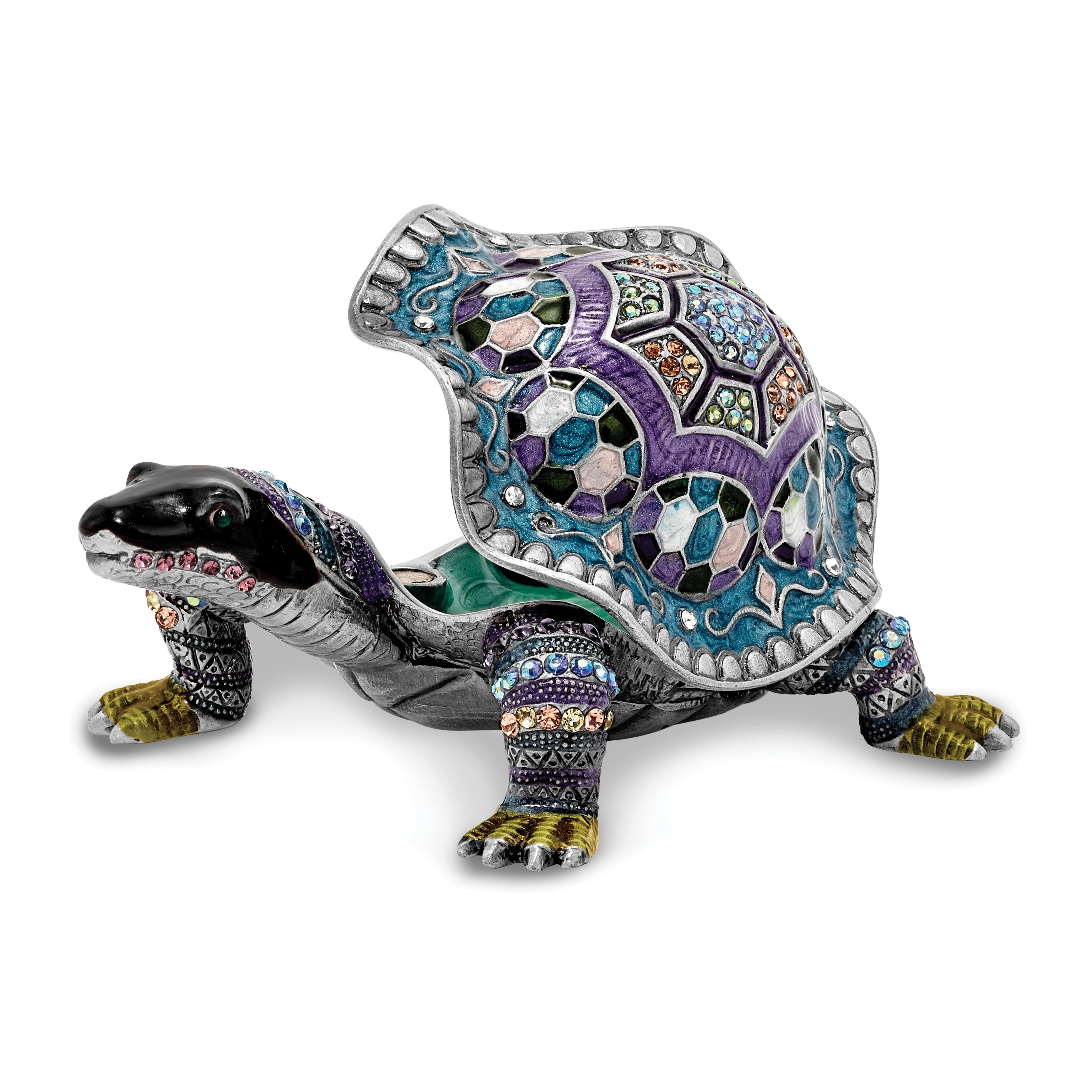 Luxury Giftware Pewter Bejeweled Crystals Pewter-tone Enameled AMAZING AZURE Turtle Trinket Box with Matching 18 Inch Necklace