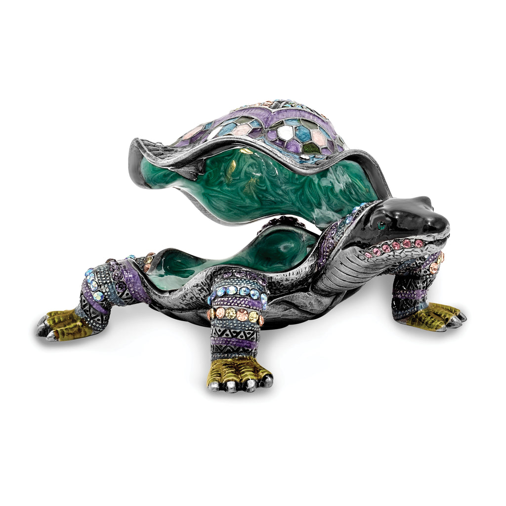 Luxury Giftware Pewter Bejeweled Crystals Pewter-tone Enameled AMAZING AZURE Turtle Trinket Box with Matching 18 Inch Necklace
