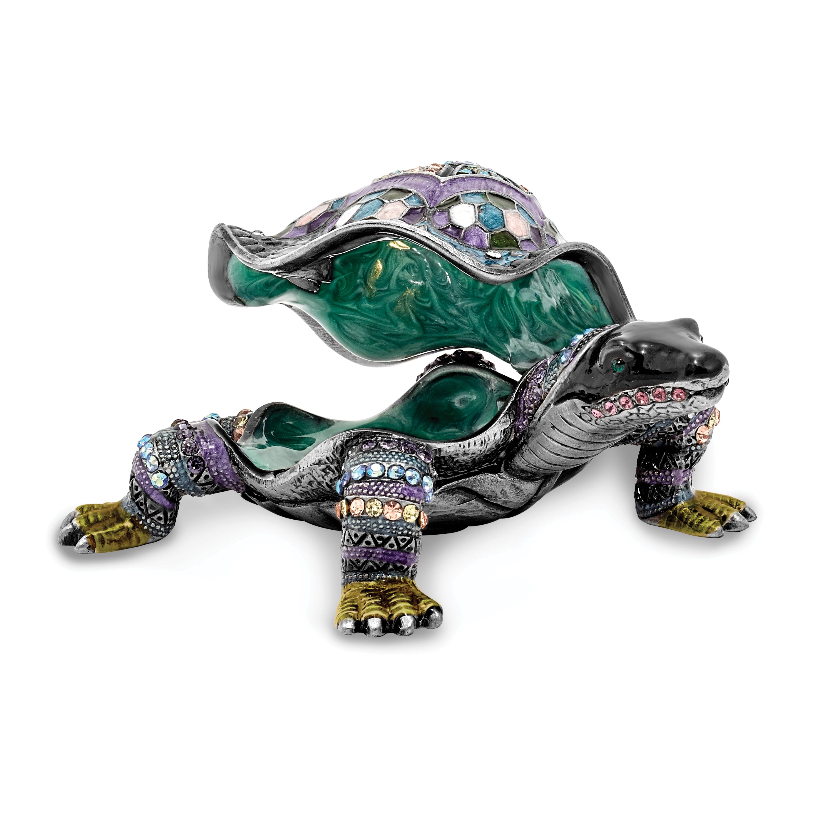Luxury Giftware Pewter Bejeweled Crystals Pewter-tone Enameled AMAZING AZURE Turtle Trinket Box with Matching 18 Inch Necklace