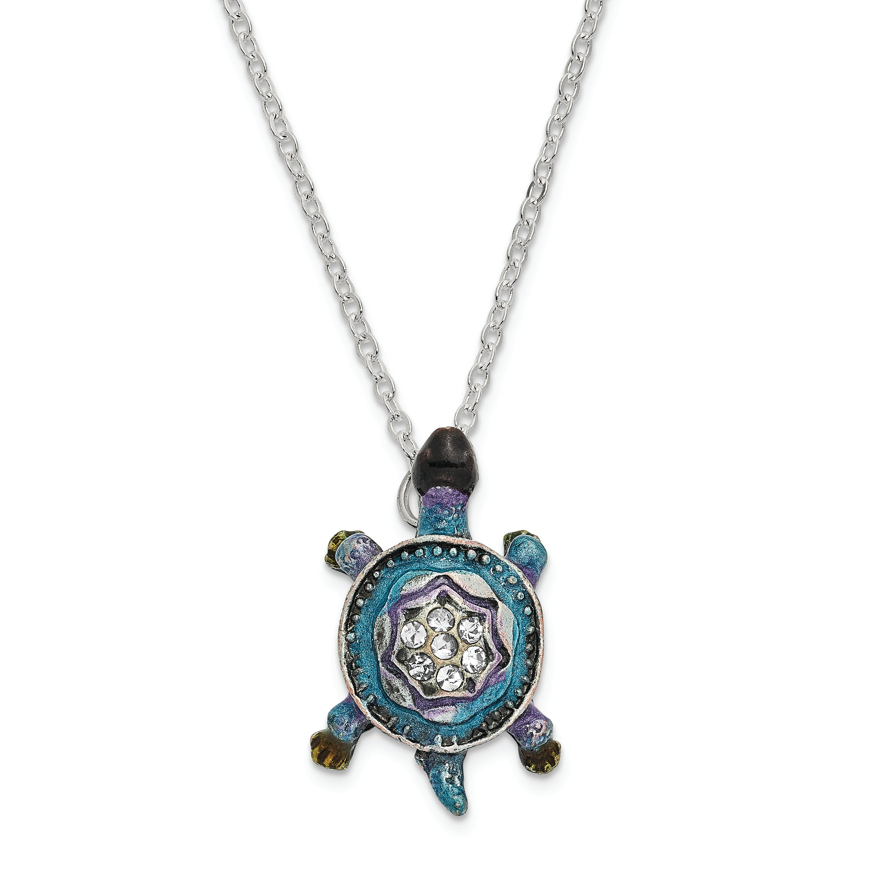 Luxury Giftware Pewter Bejeweled Crystals Pewter-tone Enameled AMAZING AZURE Turtle Trinket Box with Matching 18 Inch Necklace