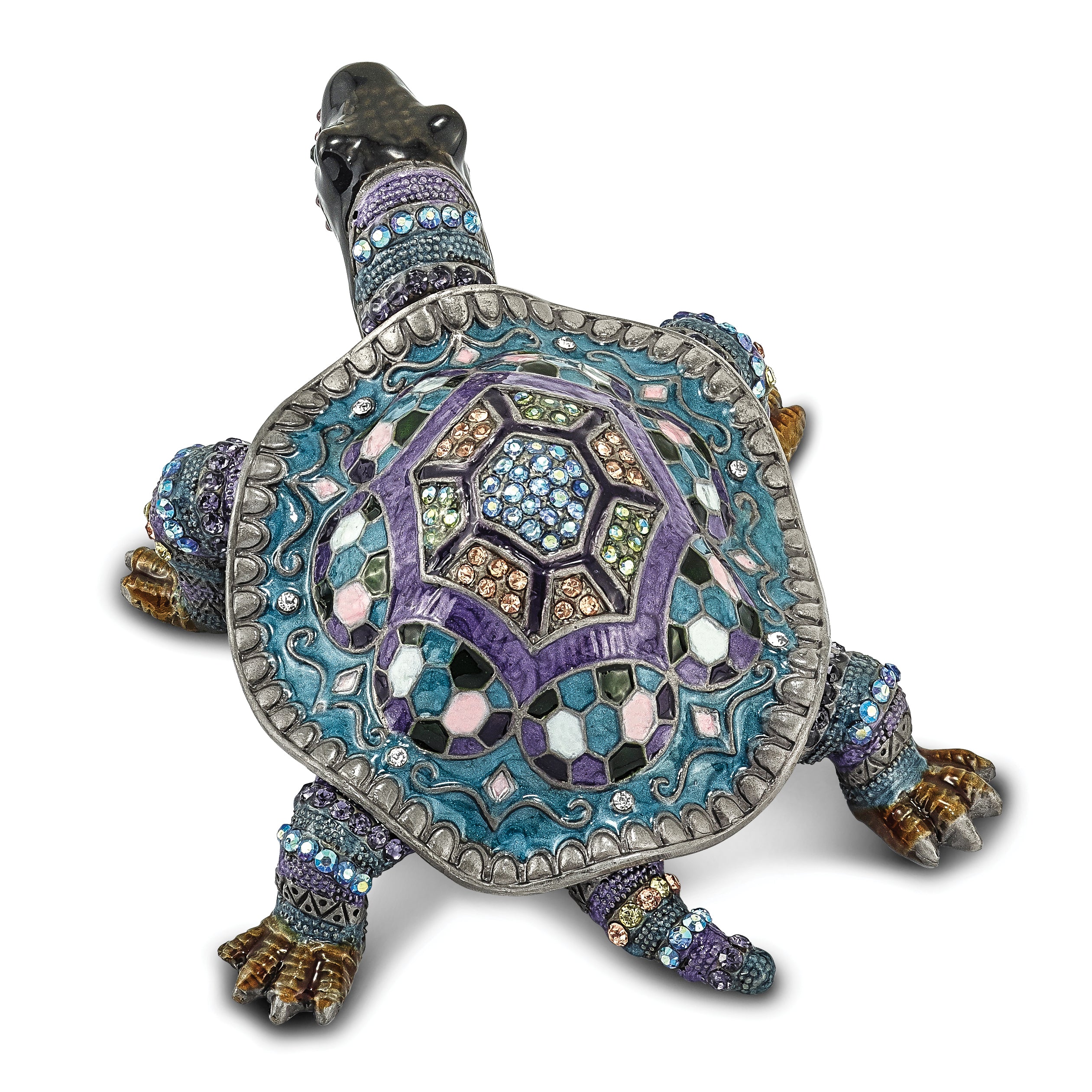 Luxury Giftware Pewter Bejeweled Crystals Pewter-tone Enameled AMAZING AZURE Turtle Trinket Box with Matching 18 Inch Necklace