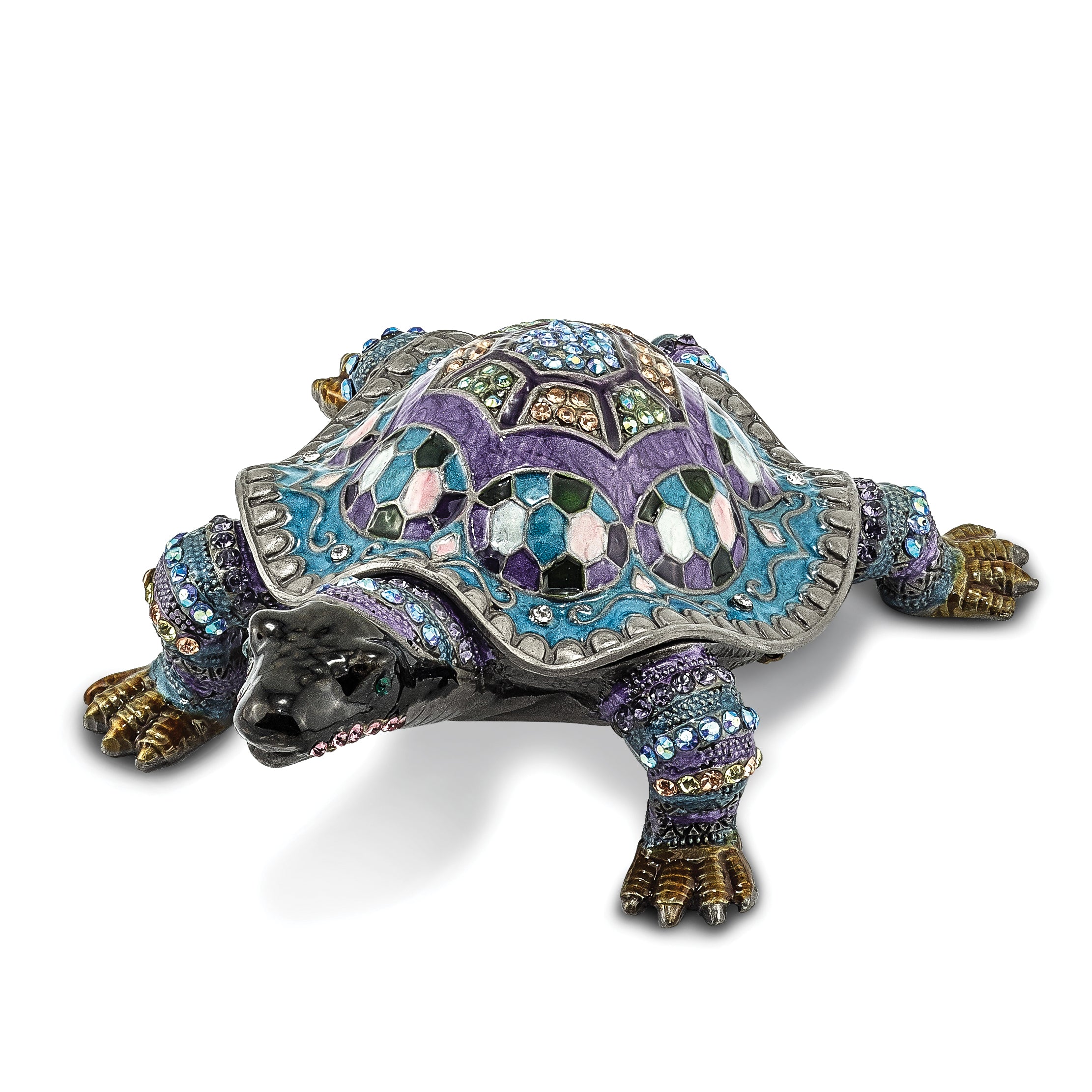 Luxury Giftware Pewter Bejeweled Crystals Pewter-tone Enameled AMAZING AZURE Turtle Trinket Box with Matching 18 Inch Necklace