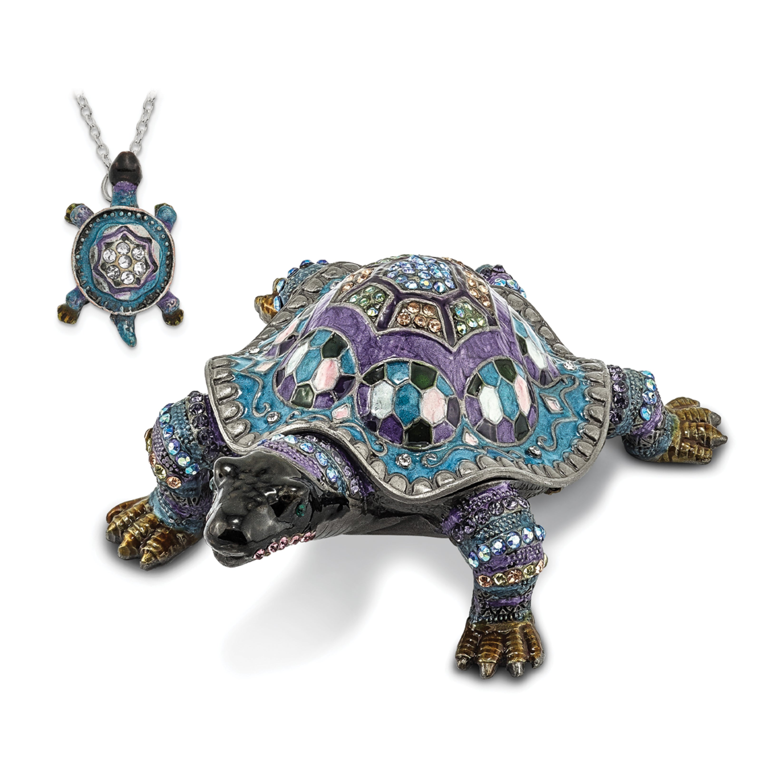 Luxury Giftware Pewter Bejeweled Crystals Pewter-tone Enameled AMAZING AZURE Turtle Trinket Box with Matching 18 Inch Necklace