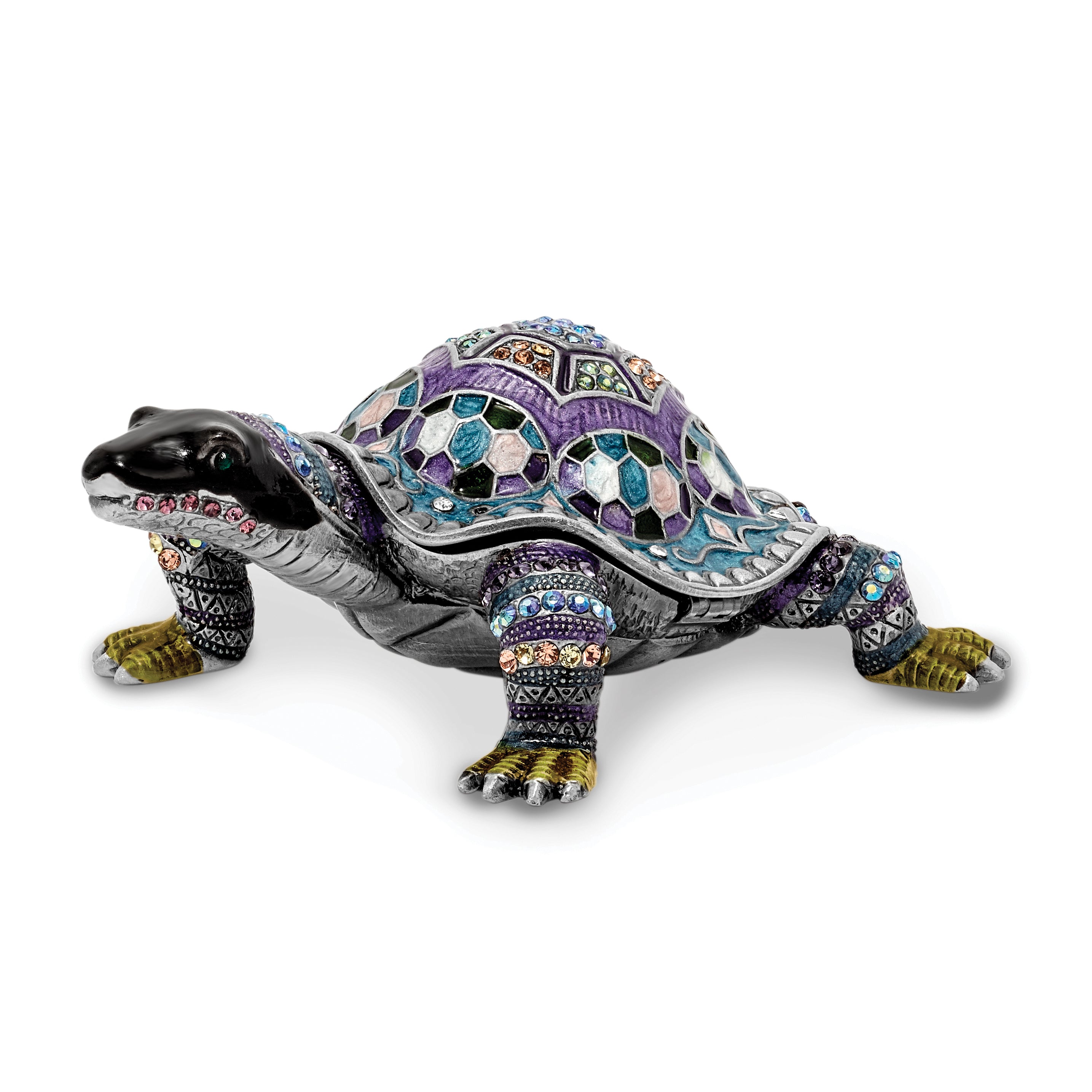Luxury Giftware Pewter Bejeweled Crystals Pewter-tone Enameled AMAZING AZURE Turtle Trinket Box with Matching 18 Inch Necklace