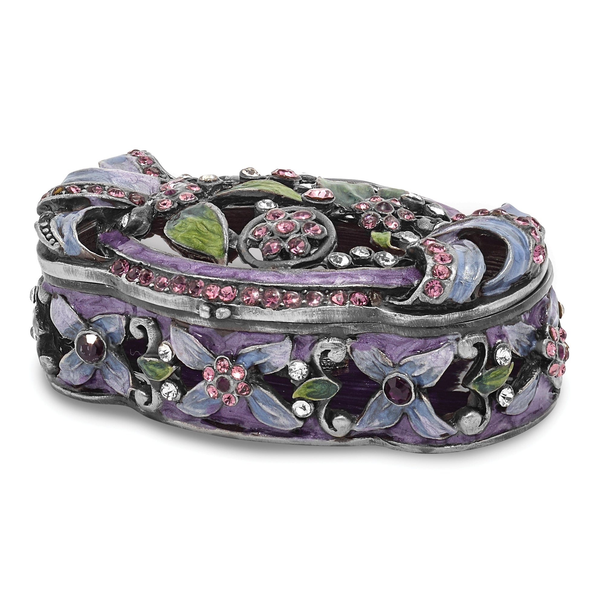 Luxury Giftware Pewter Bejeweled Crystals Pewter-tone Enameled SECRET GARDEN Floral Trunk Trinket Box with Matching 18 Inch Necklace Main image
