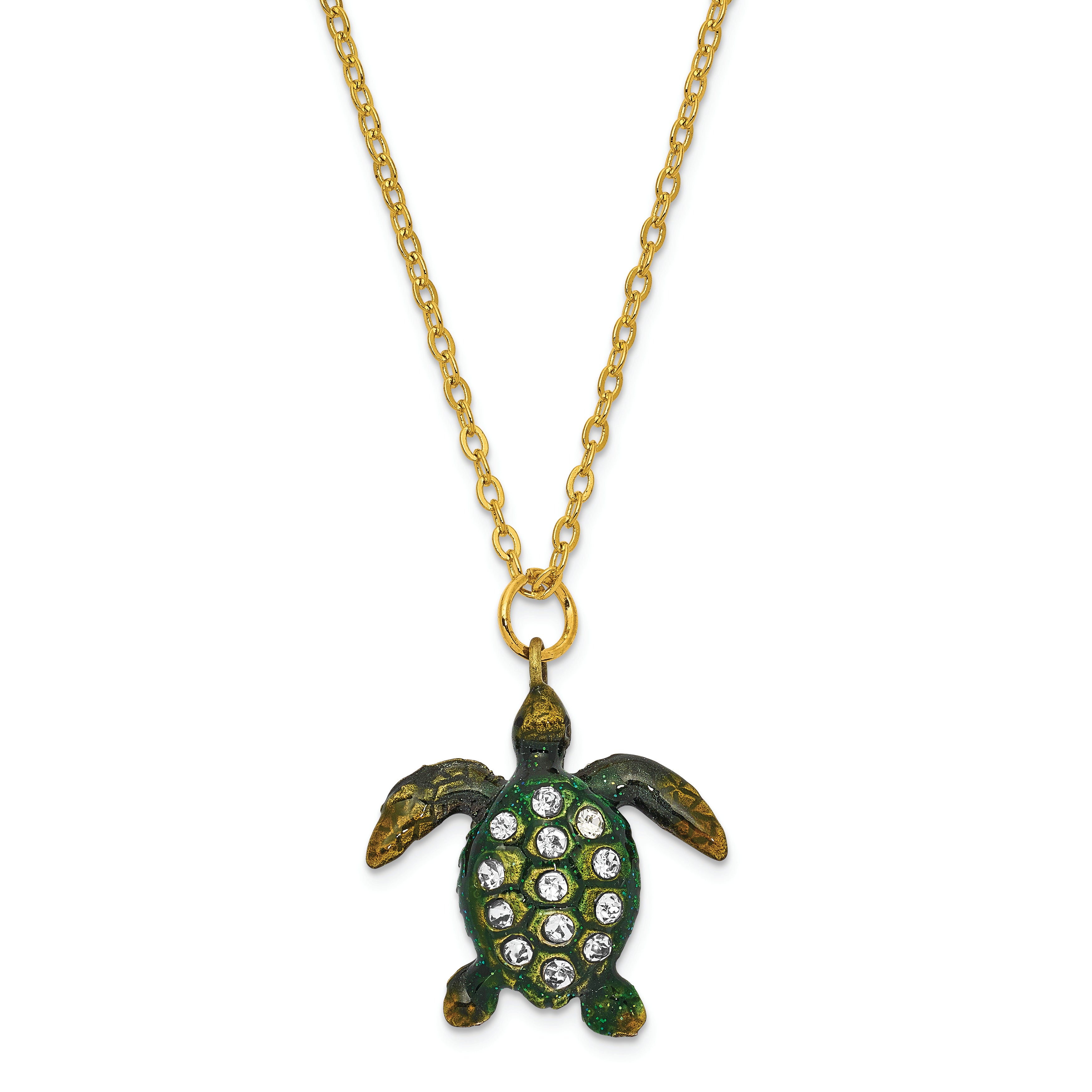 Luxury Giftware by Jere Pewter Bejeweled Crystals Gold-tone Enameled SWEETHEART Green Sea Turtle With Heart Trinket Box with Matching 18 Inch Necklace