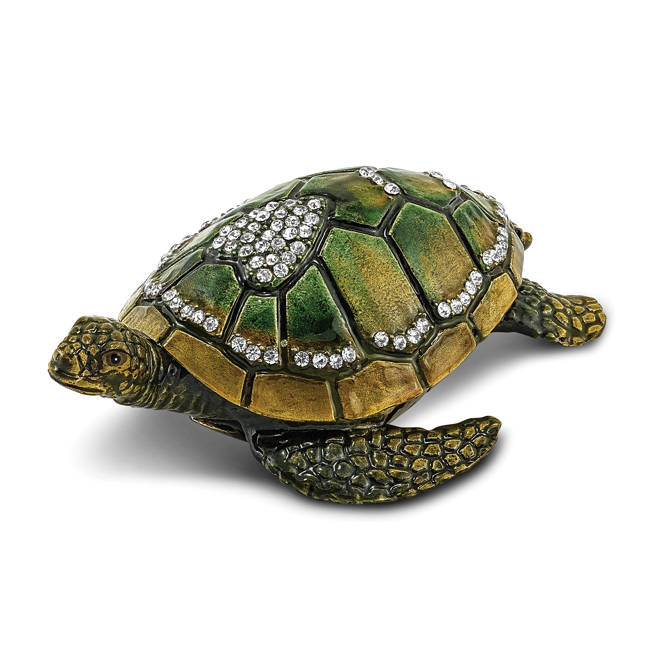 Luxury Giftware by Jere Pewter Bejeweled Crystals Gold-tone Enameled SWEETHEART Green Sea Turtle With Heart Trinket Box with Matching 18 Inch Necklace