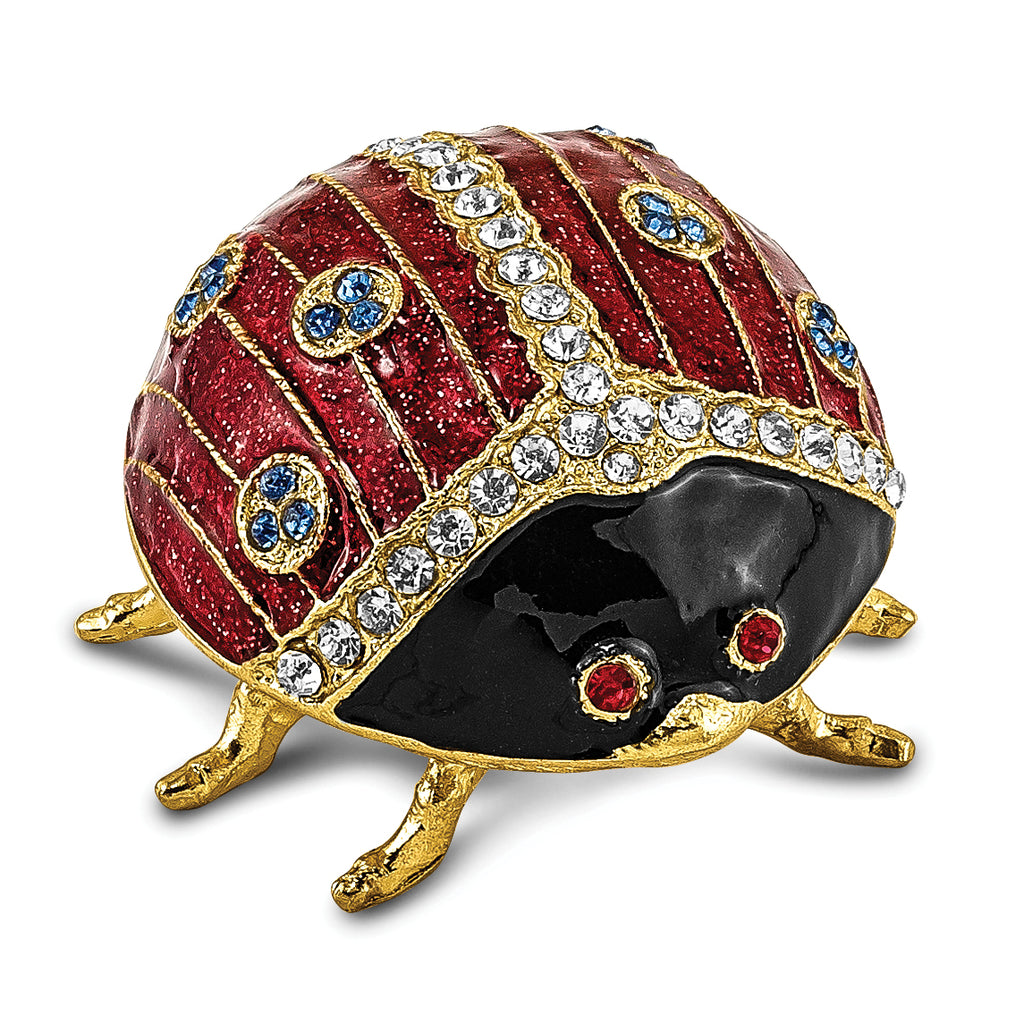 Luxury Giftware by Jere Pewter Bejeweled Crystals Gold-tone Enameled LUXY Ladybug Trinket Box with Matching 18 Inch Necklace