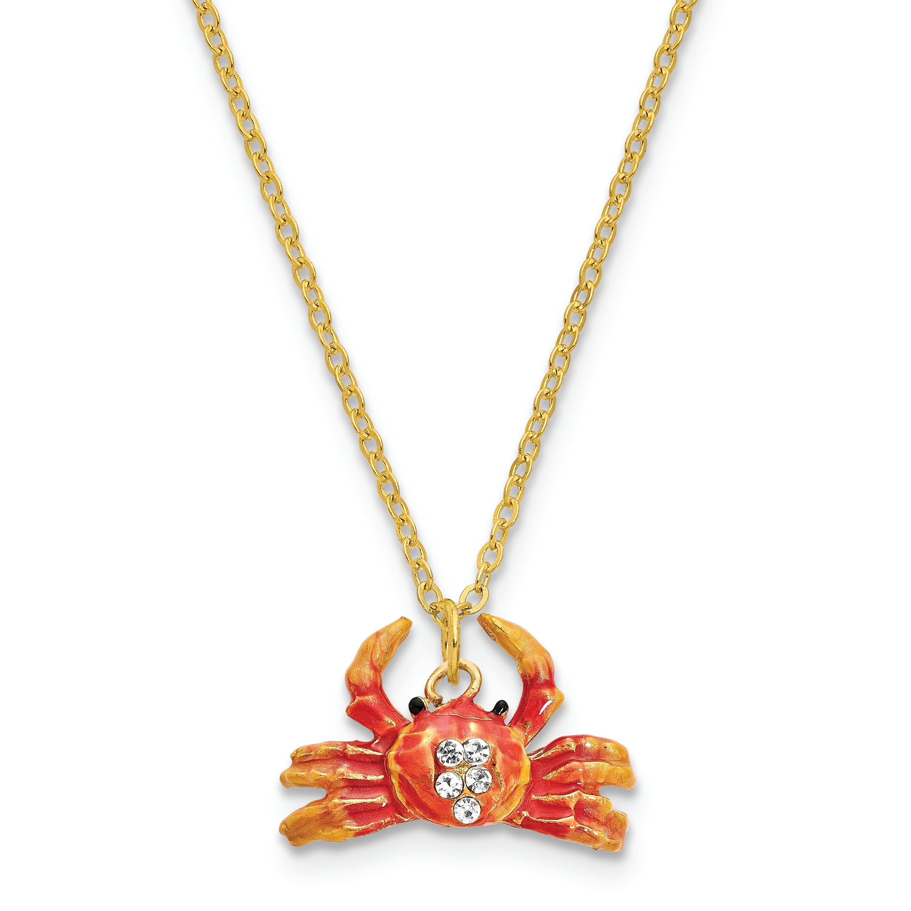 Luxury Giftware Pewter Bejeweled Crystals Gold-tone Enameled MOVABLE CRABULOUS Red Orange Crab Trinket Box with Matching 18 Inch Necklace