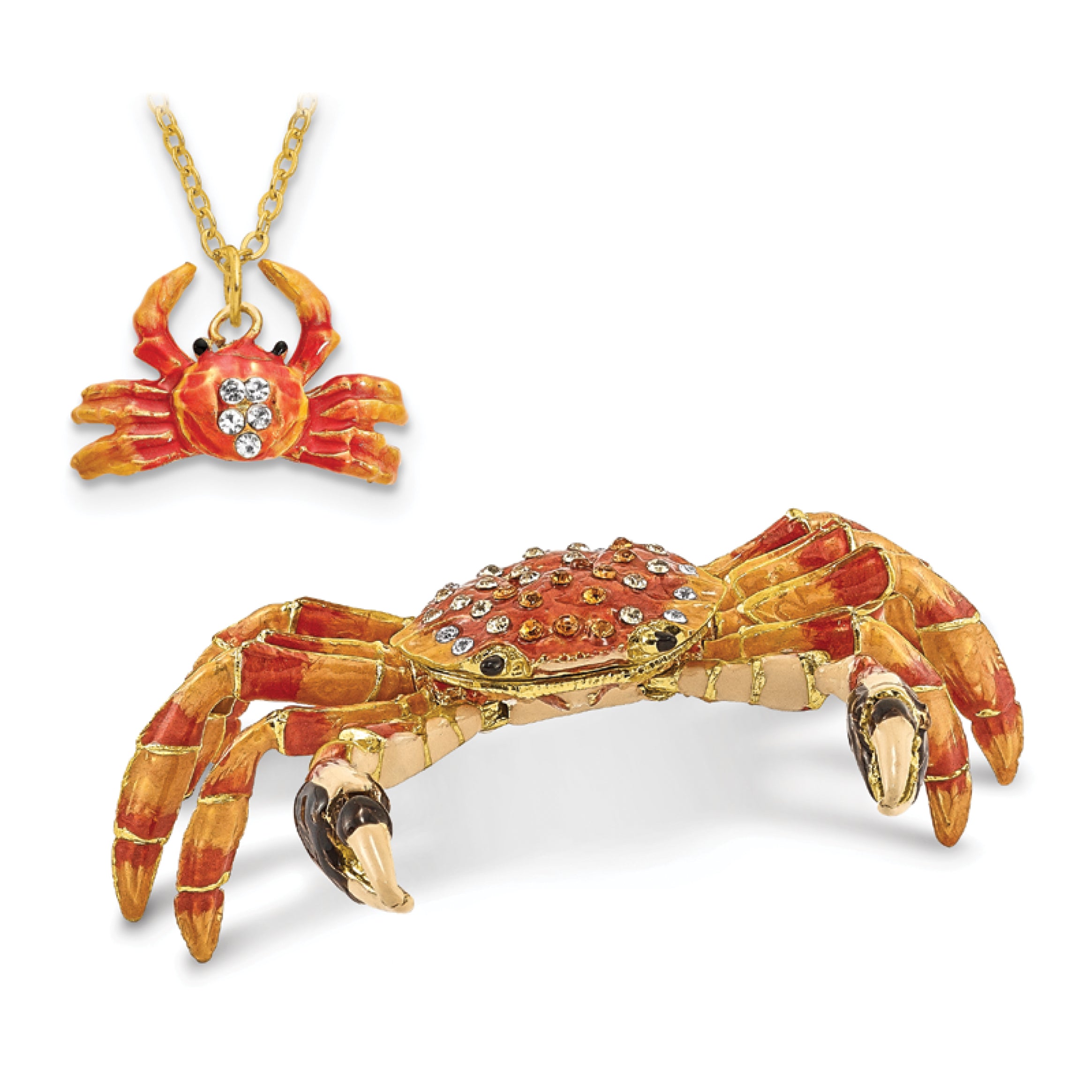 Luxury Giftware Pewter Bejeweled Crystals Gold-tone Enameled MOVABLE CRABULOUS Red Orange Crab Trinket Box with Matching 18 Inch Necklace
