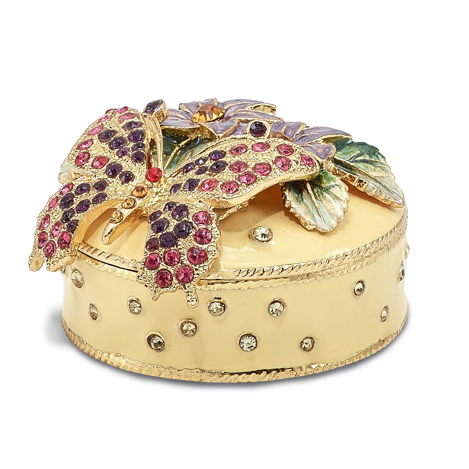 Luxury Giftware Pewter Bejeweled Crystals Gold-tone Enameled FLORIAN Butterfly & Floral Box Trinket Box with Matching 18 Inch Necklace Main image