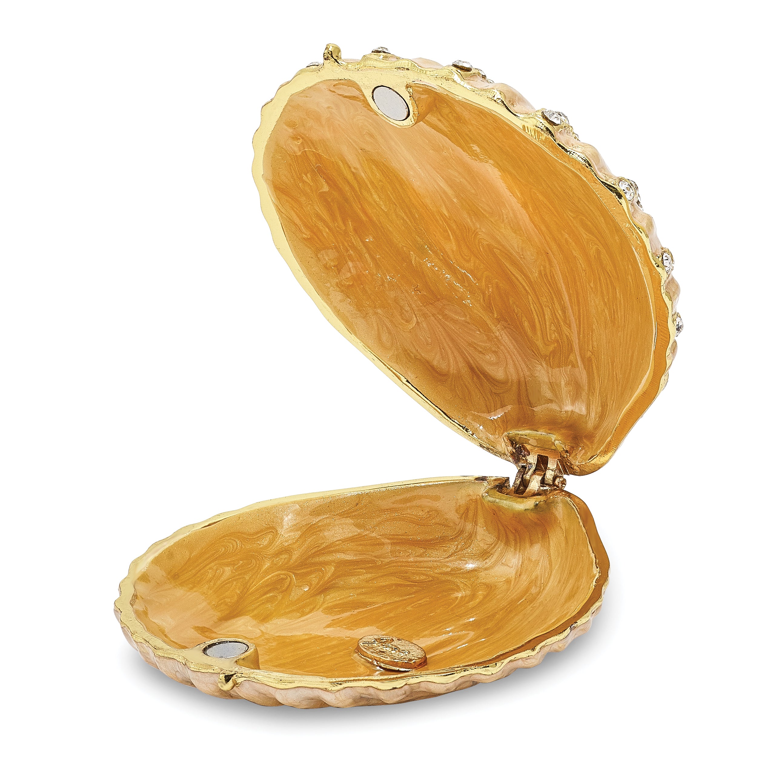 Luxury Giftware by Jere Pewter Bejeweled Crystals Gold-tone Enameled PINKY Clam Shell Trinket Box with Matching 18 Inch Necklace