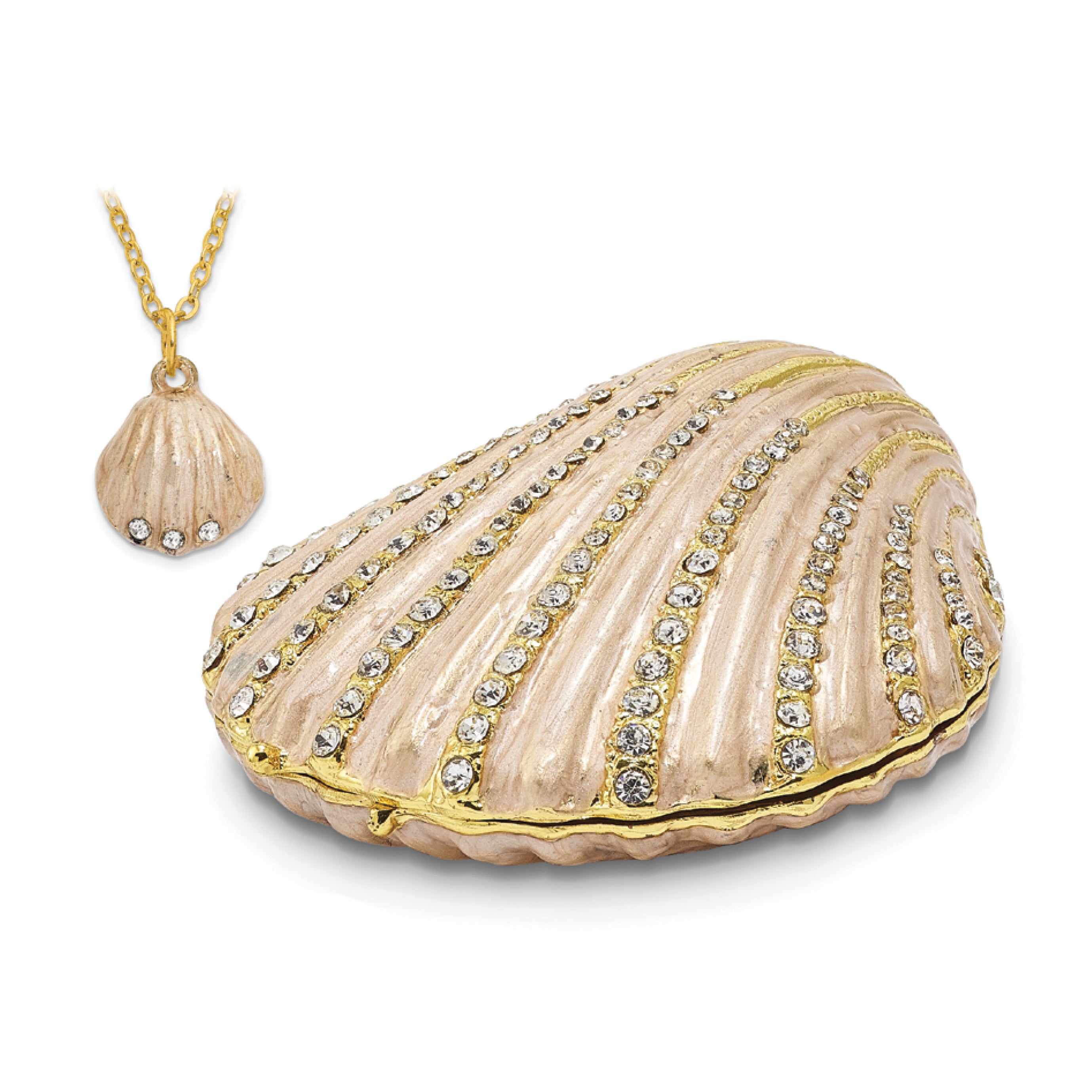 Luxury Giftware by Jere Pewter Bejeweled Crystals Gold-tone Enameled PINKY Clam Shell Trinket Box with Matching 18 Inch Necklace